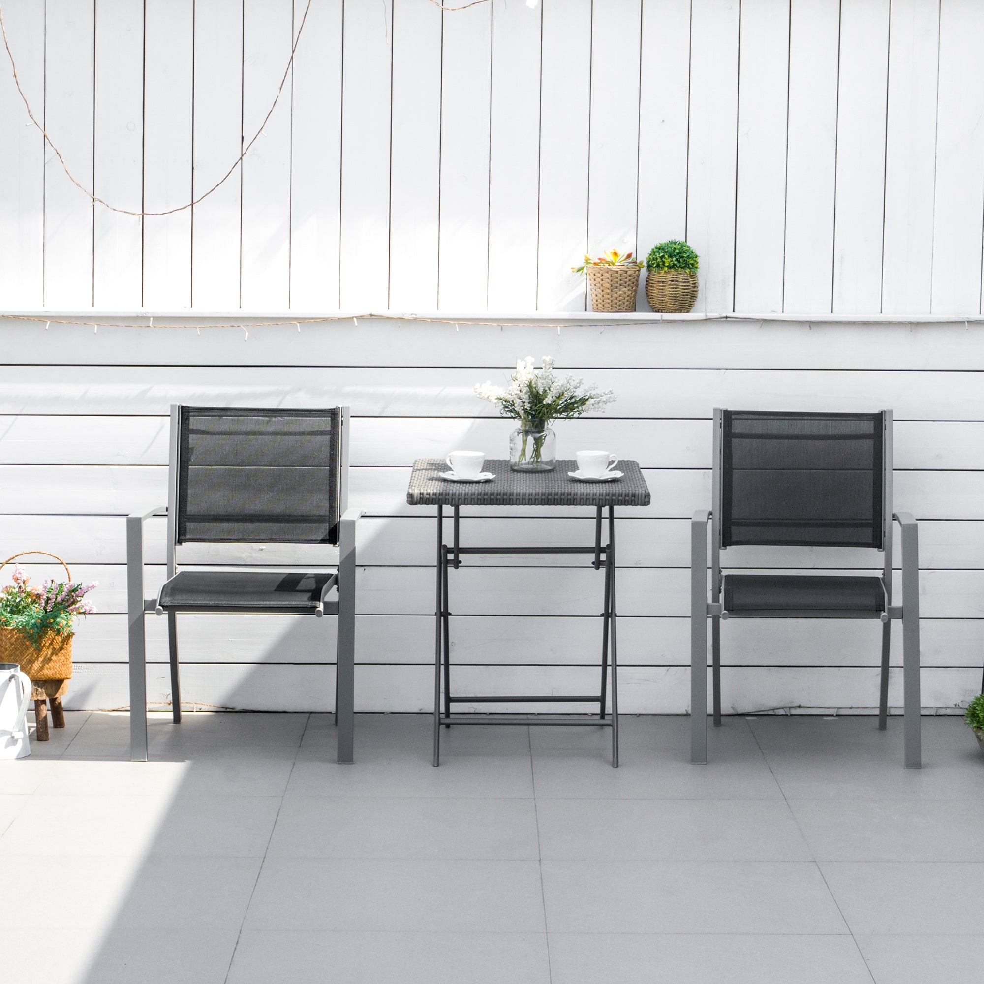 Outsunny Garden Chairs Set Of 2 Outdoor Chairs with Steel Frame Texteline Seats for Dining Patio Balcony Grey and Black