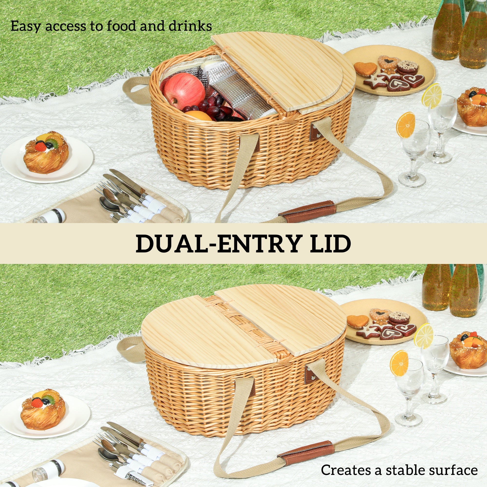 Outsunny Wicker Picnic Basket for 2 with Pine Wood Lid, Picnic Hamper with Cooler Compartment, Cutlery Service Kits, Carry Handle for Camping, Outdoor, Valentine Day, Chirtmas, Birthday, Light Brown