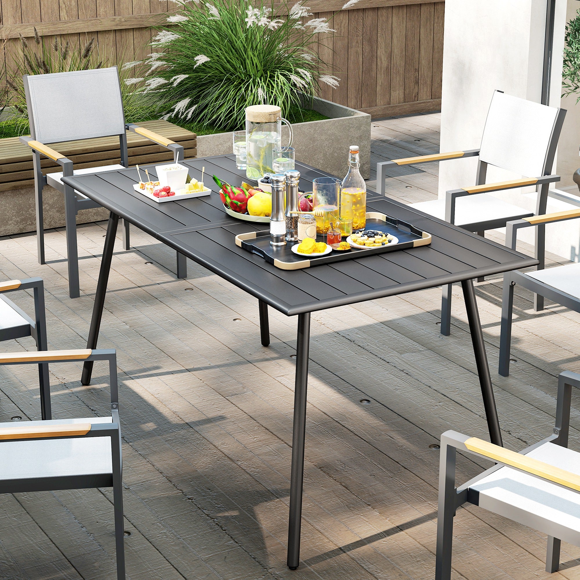 Outsunny Rectangle Garden Table with Slat Top, Steel Frame, Outdoor Table for 6 Person, 150 x 80 x 74 cm, Grey