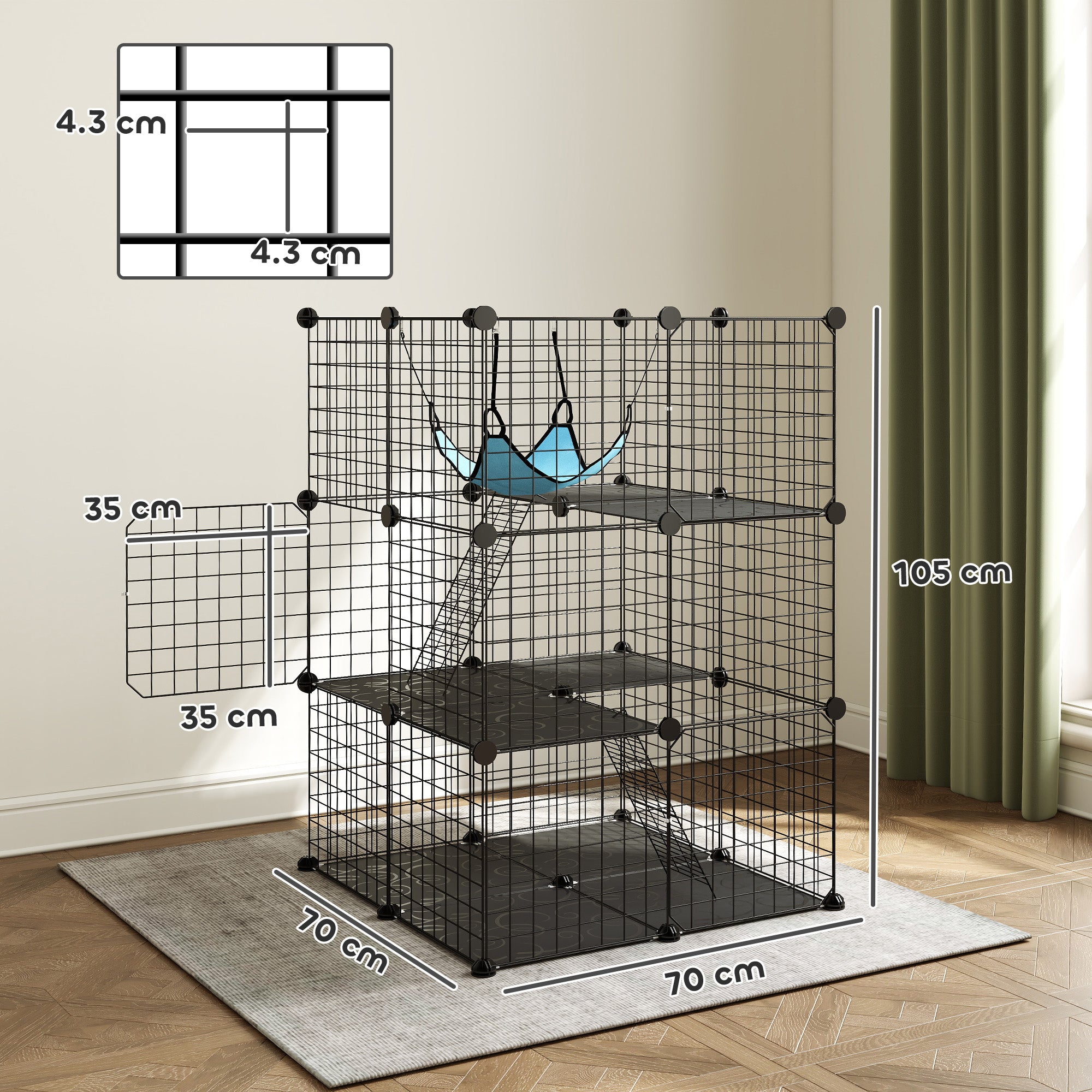 PawHut Indoor Cat Cage DIY Customizable 3-Tier Indoor Cat Enclosure with 3 Doors and Hammock 105 cm Black