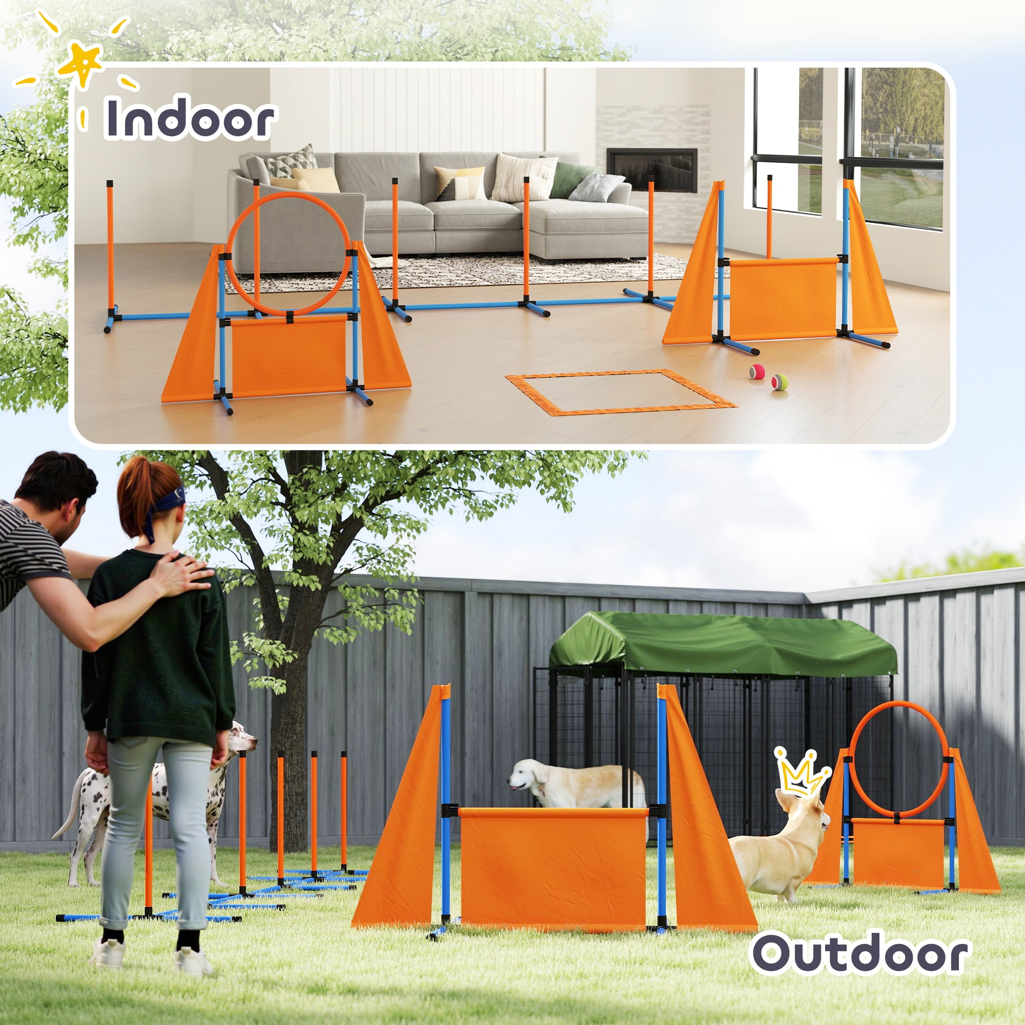 PawHut Seven-Piece Dog Agility Equipment Set with Weave Poles, Jump Ring, Hurdle, Pause Box, Carry Bag, Orange