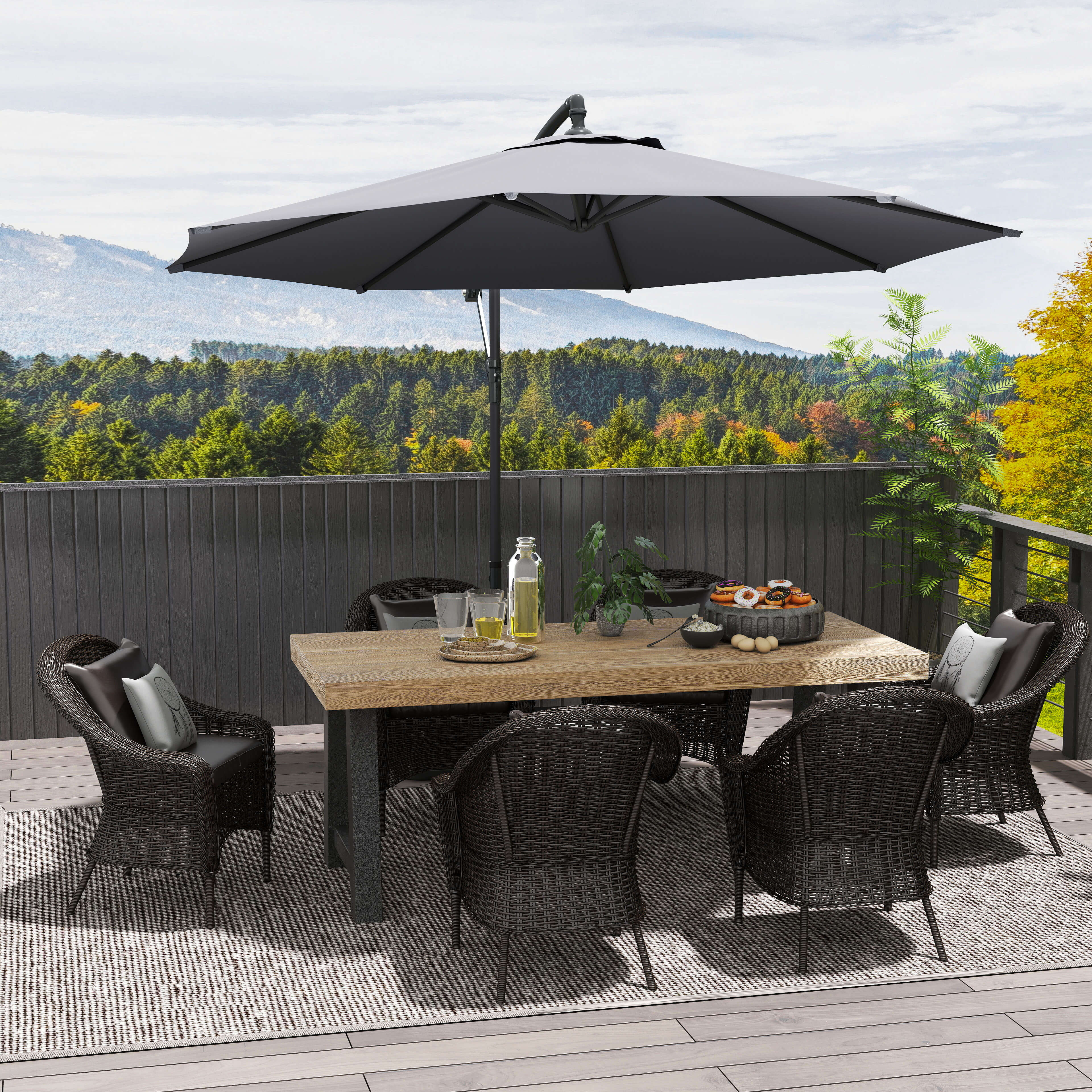 Outsunny 3(m) Garden Parasol Sun Shade Banana Umbrella Cantilever with Crank Handle, Cross Base Dark Grey