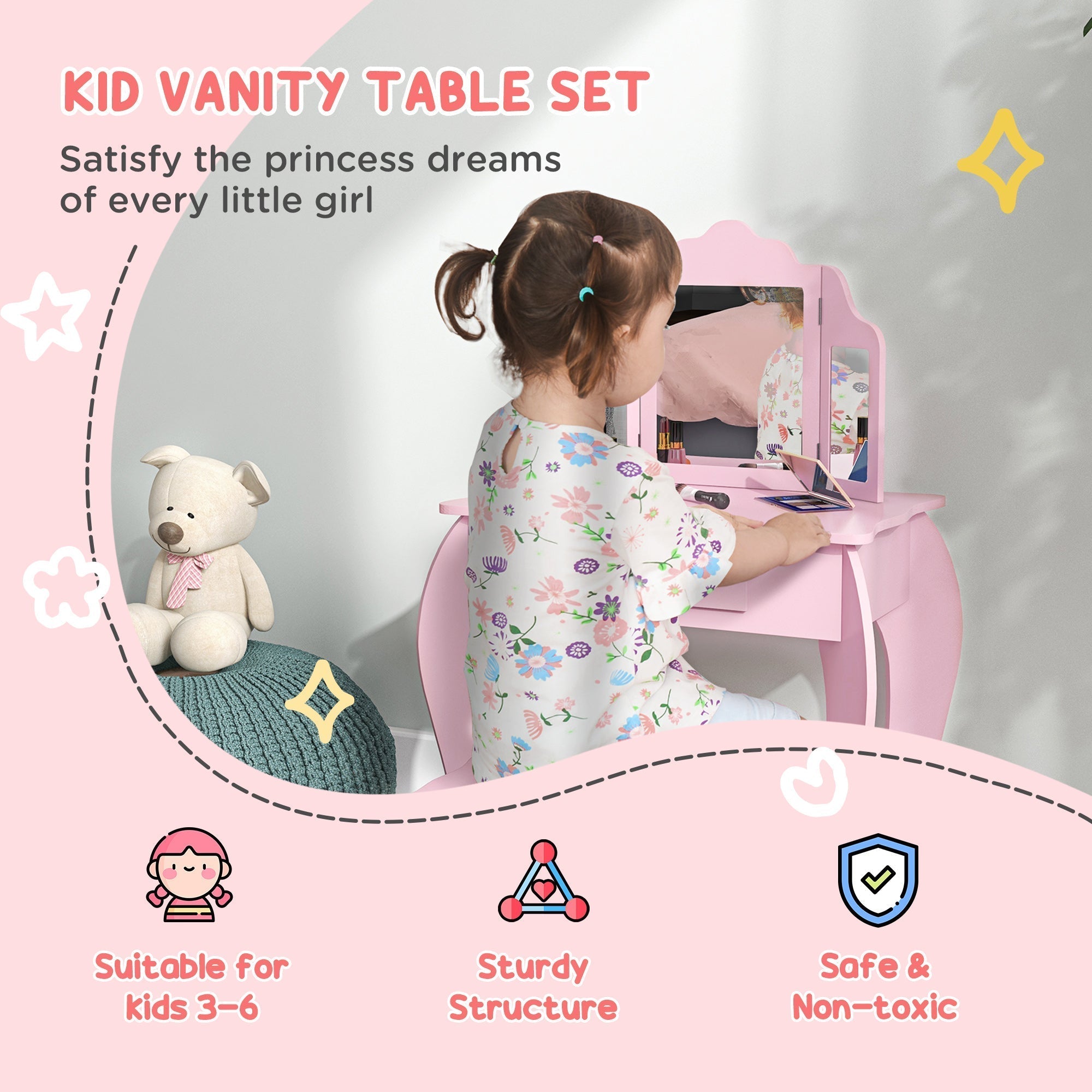 HOMCOM Kids Vanity Table and Chair Set with Tri-Folding Mirror and Stool, Makeup Dressing Table with Drawer, Pink
