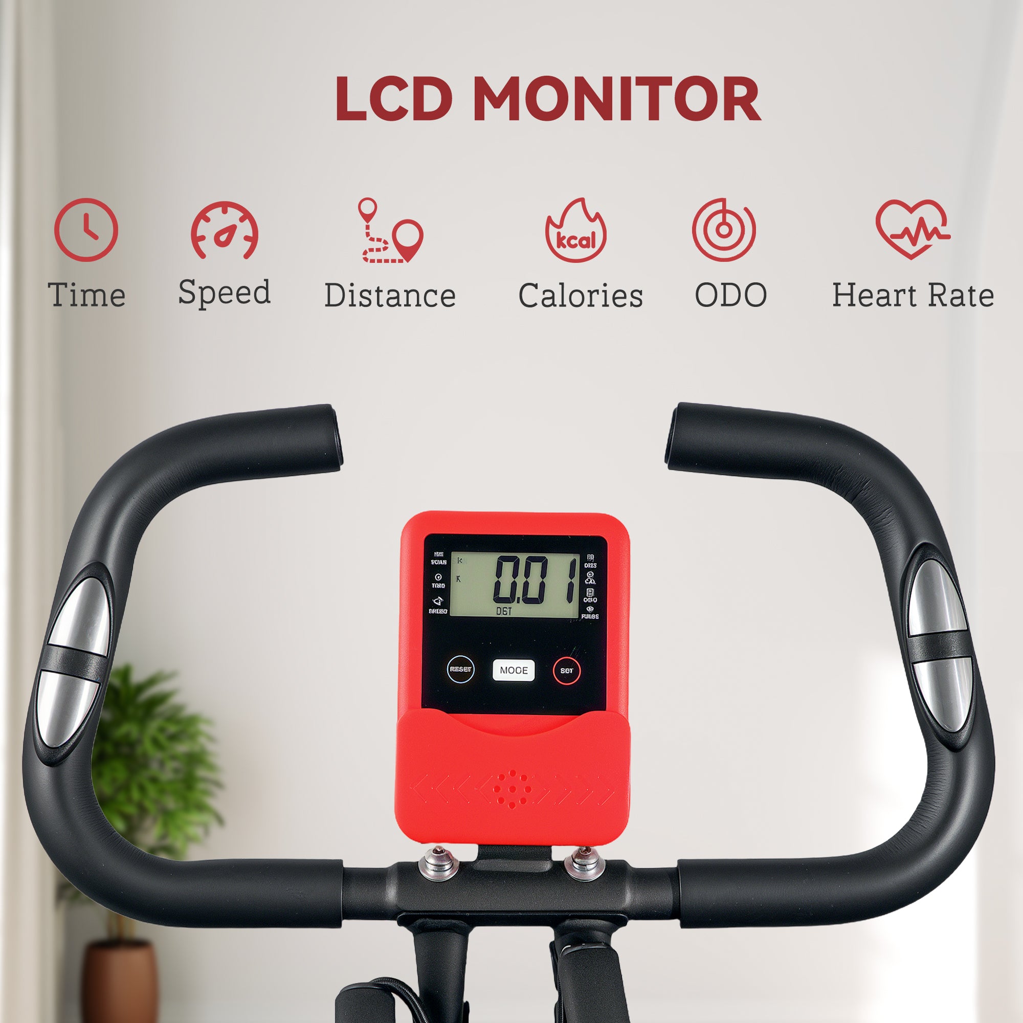 SPORTNOW Five-in-one Foldable Exercise Bike, Stationary Bike with Arm Workout Bands, LDC Monitor, Phone Holder, Red