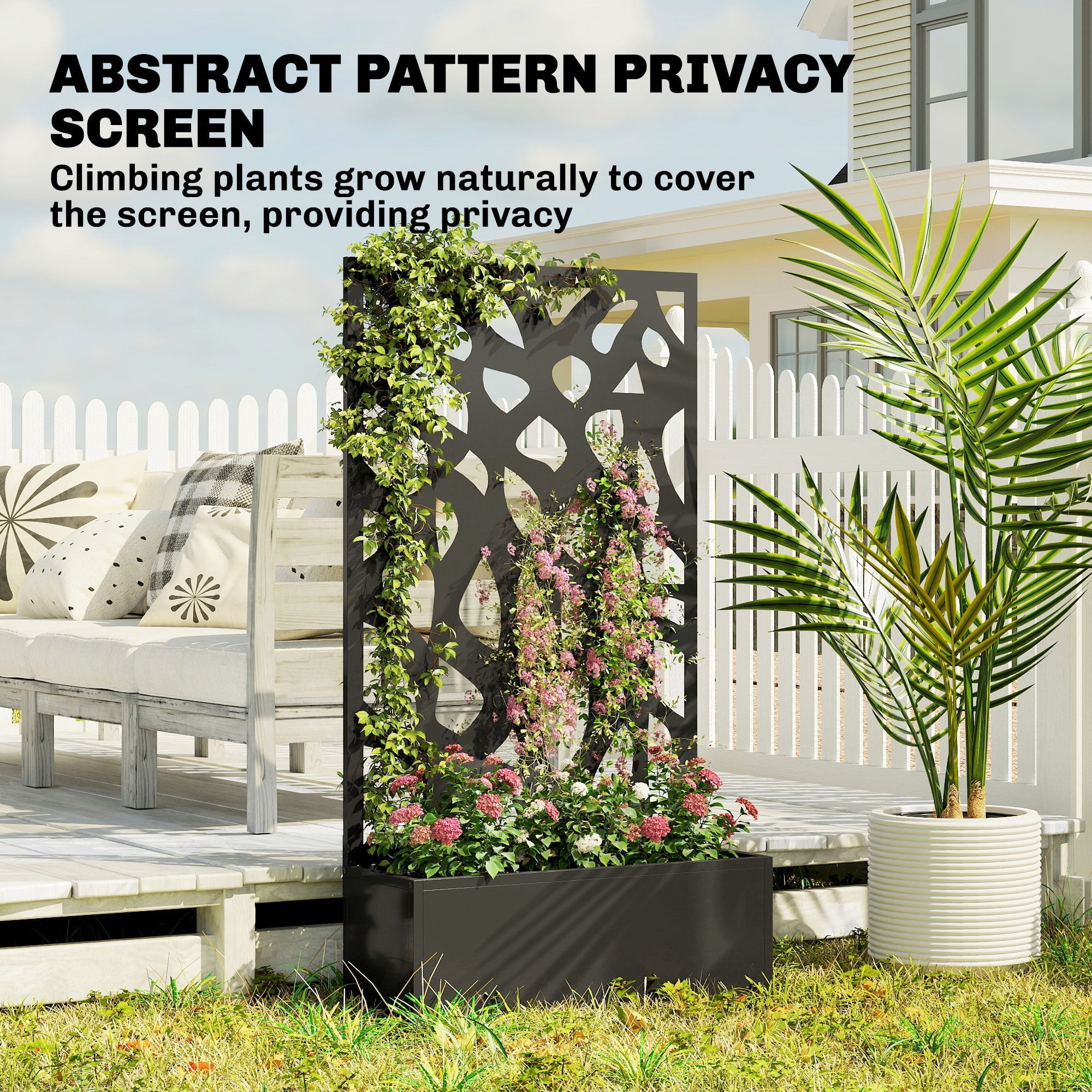 Outsunny Metal Raised Garden Bed with Trellis, Outdoor Planter Box with Privacy Screen, Elevated Garden Box for Climbing Plants