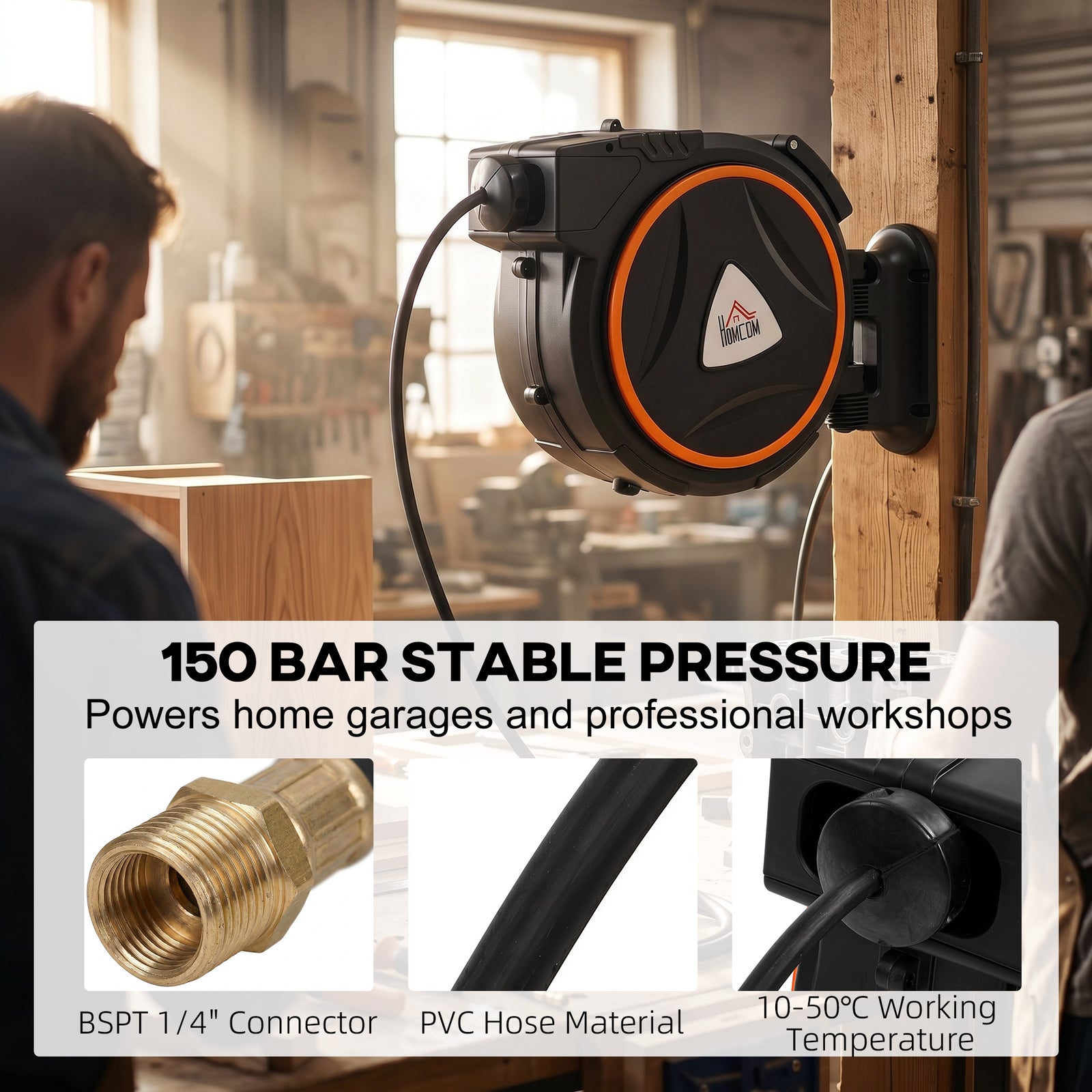 HOMCOM Auto Rewind Hose Reel, Retractable Air Hose Reel 15 m + 1.5 m, 150 Bar with 1/4" BSPT Connector, Black