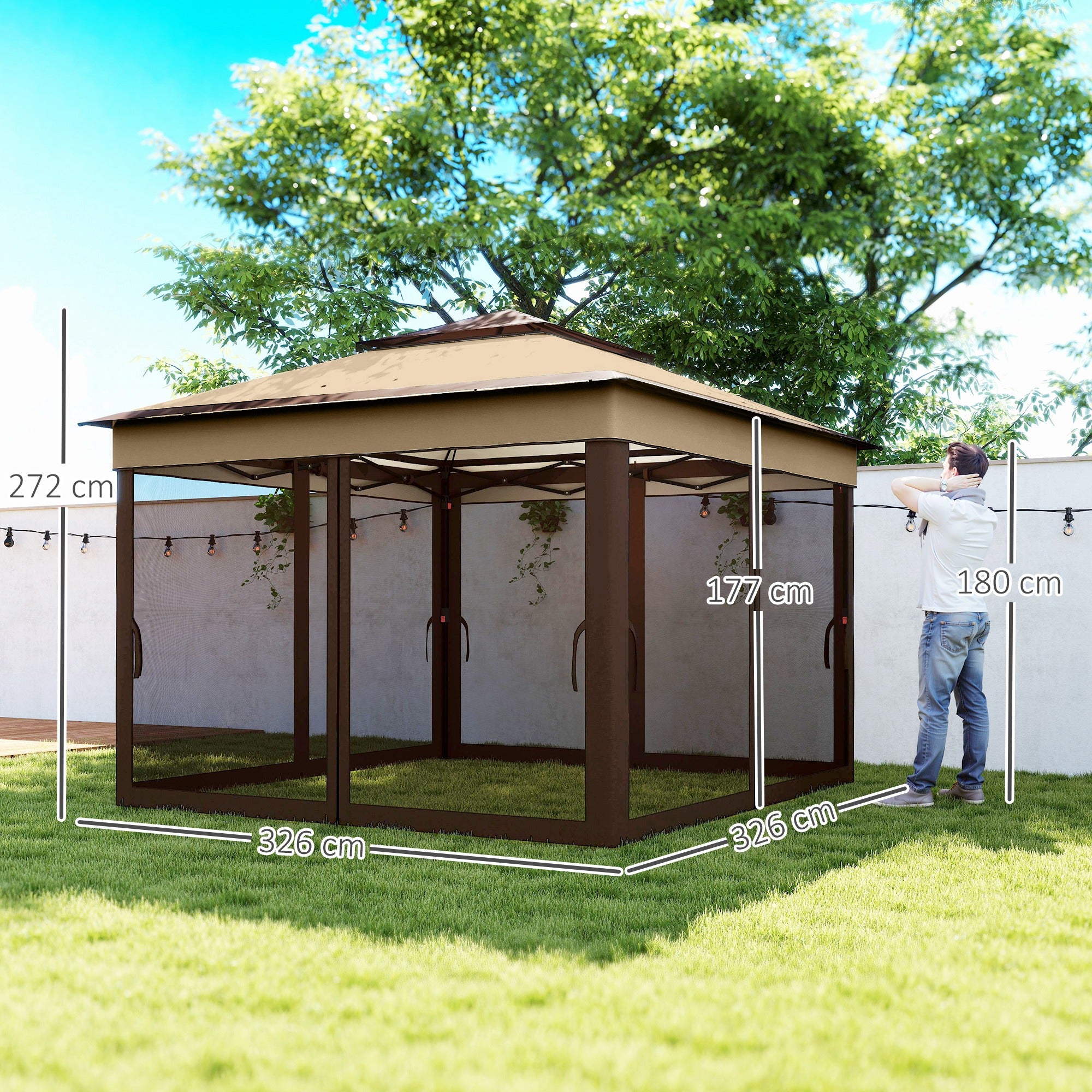 Outsunny 3 x 3(m) Pop Up Gazebo, Height Adjustable Instant Event Shelter with Netting and Carrying Bag, Beige