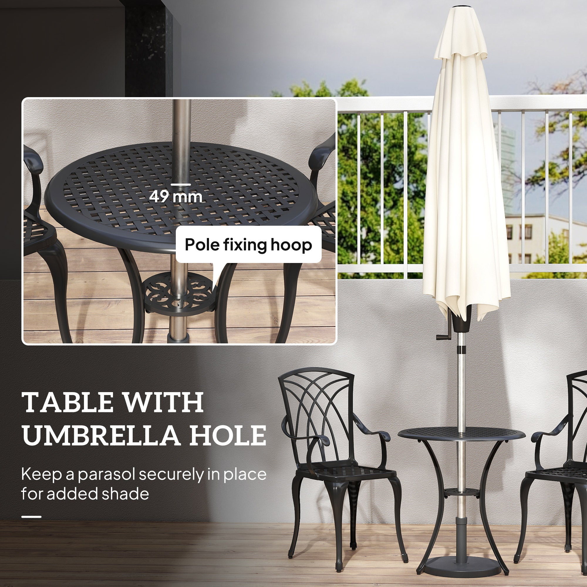 Outsunny 3 Pieces Garden Dining Set for 2, Cast Aluminium Outdoor Dining Set with 2 Armchairs and Round Dining Table with Parasol Hole, Garden Furniture Set, Brown