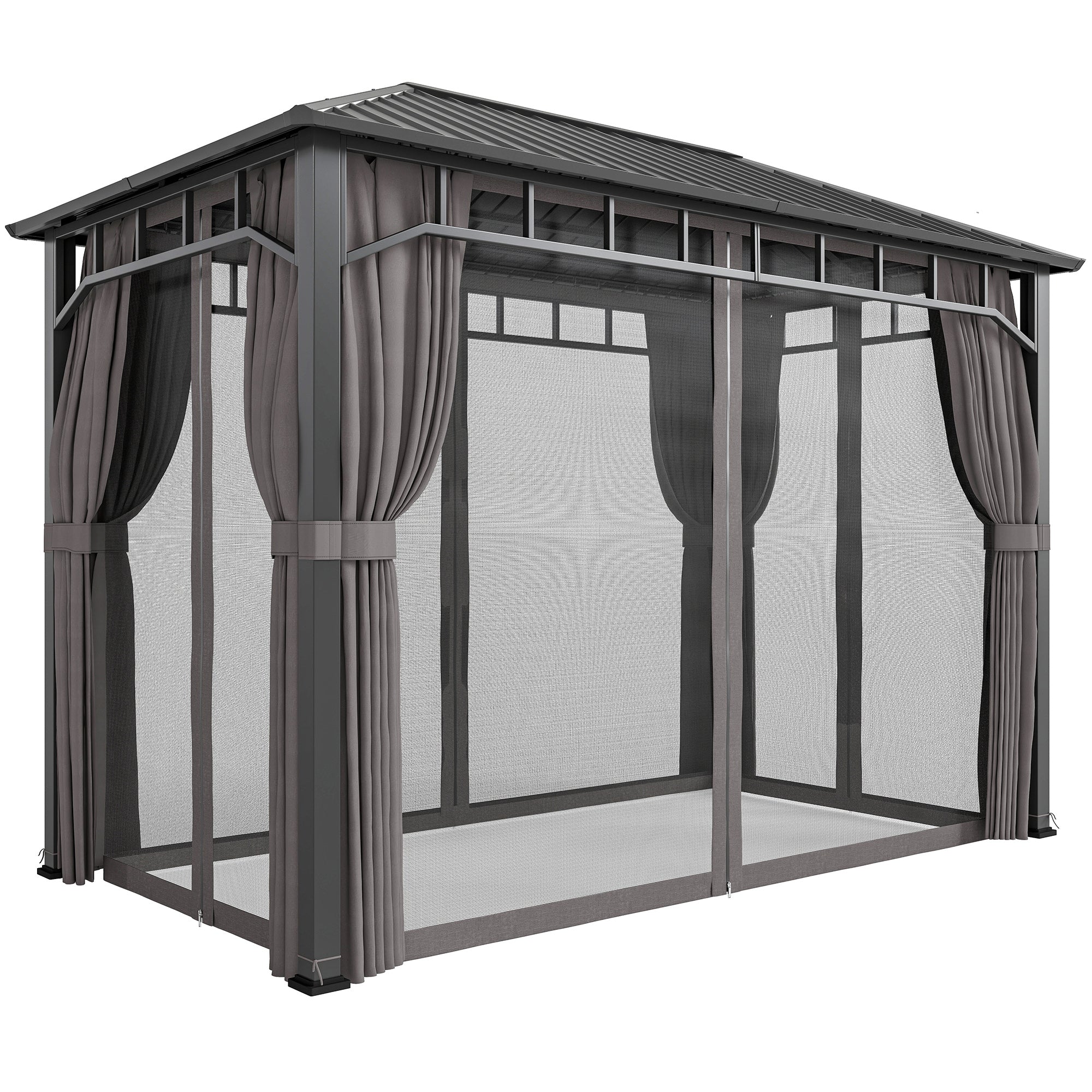 Outsunny 2 x 3.5 m Hardtop Gazebo with Galvanised Steel Roof, Waterproof Permanent Pavilion Garden Gazebo with Netting and Curtains for Patio, Deck, Dark Grey