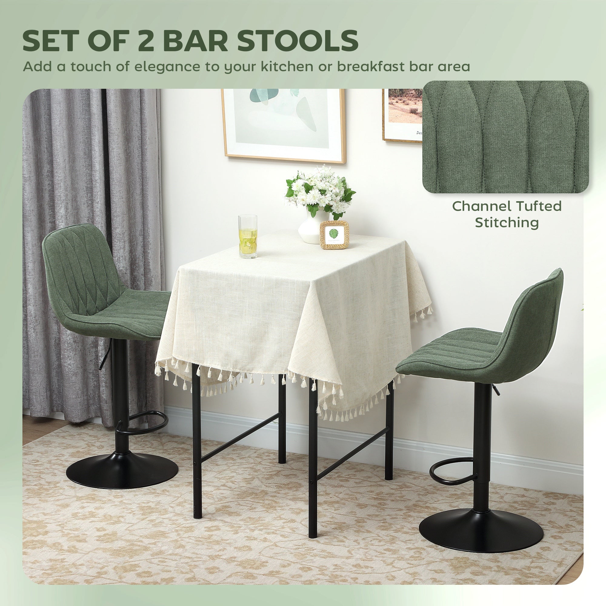 HOMCOM Set of Two Linen-Look Bar Stools - Green