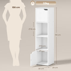 HOMCOM Narrow Bookcase, 4-Tier Bookshelf, Storage Cabinet with doors for Living Room, Bedroom, White
