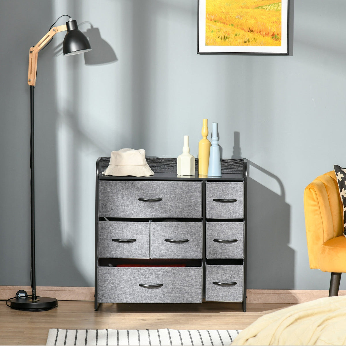 HOMCOM Chest of Drawers with 7 Foldable Drawers, 3-Tier Fabric Bedroom Dresser, Clothes Storage Unit for Bedroom, Living Room, Grey