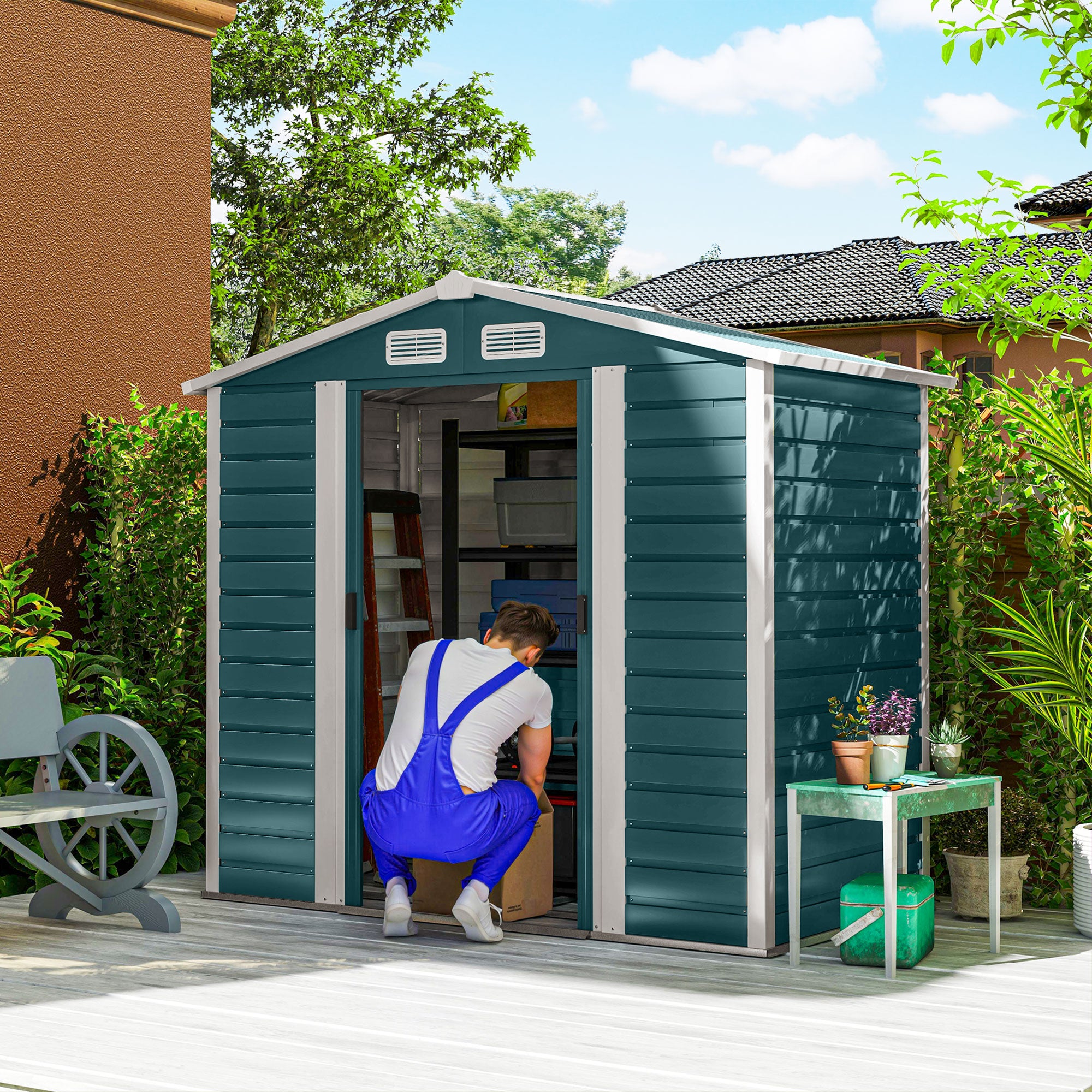 Outsunny 7 x 4ft Garden Shed, Easy to Assemble, Upgraded Galvanised Steel Frame with Foundation Kit, Double Doors with Lock, Outdoor Metal Shed with Vents and Gloves, Garden Storage Shed, Green