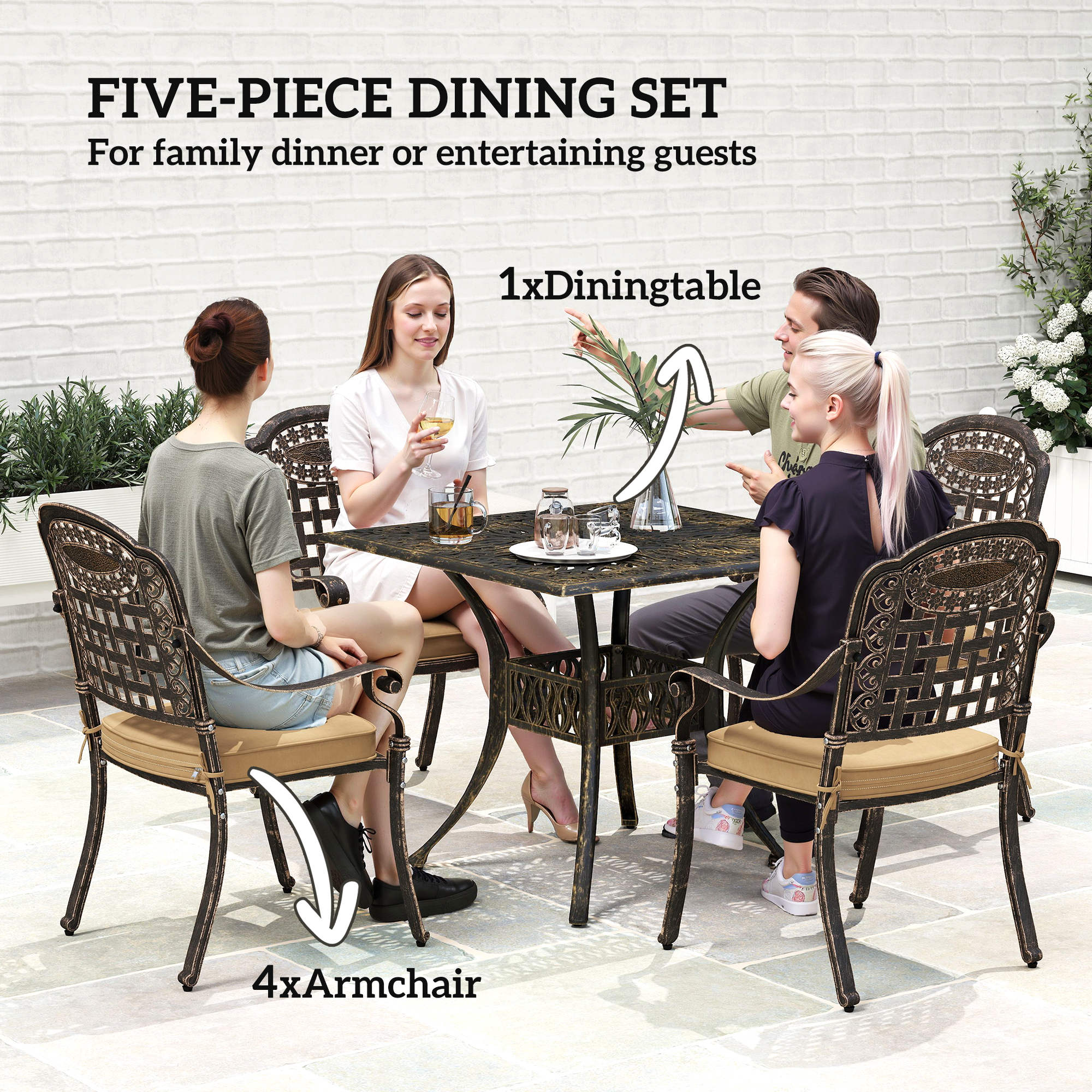 Outsunny Five-Piece Cast Aluminium Garden Dining Set - Bronze Tone