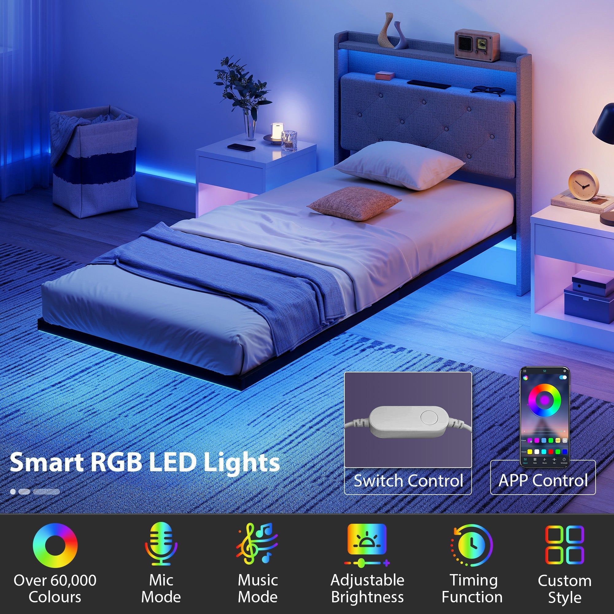 HOMCOM Floating Bed Frame, Upholstered 3ft Single Size Bed, Platform Bed with RGB LED Lights and Charging Station, Grey