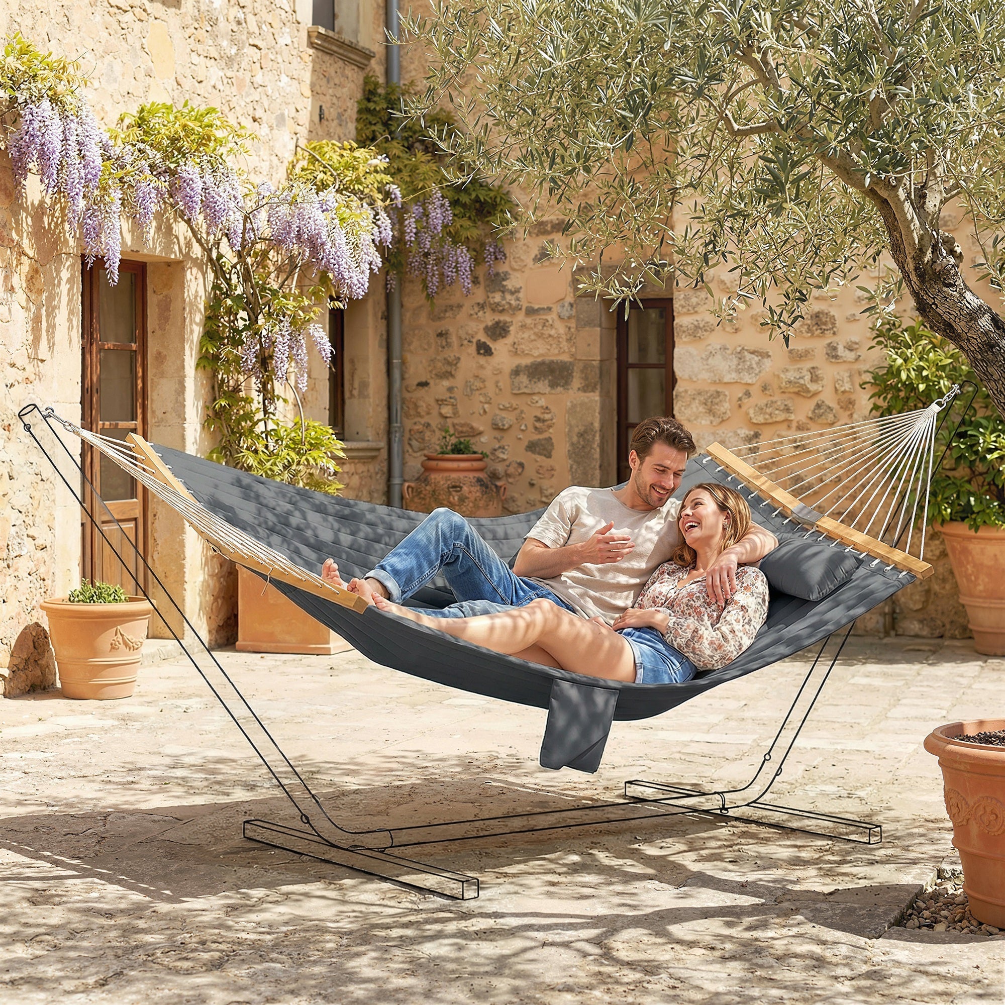 Outsunny Double Hammock 2 Person Swing Bed with Spreader Bars, Pillows, Pad, 200 x 140cm, Grey