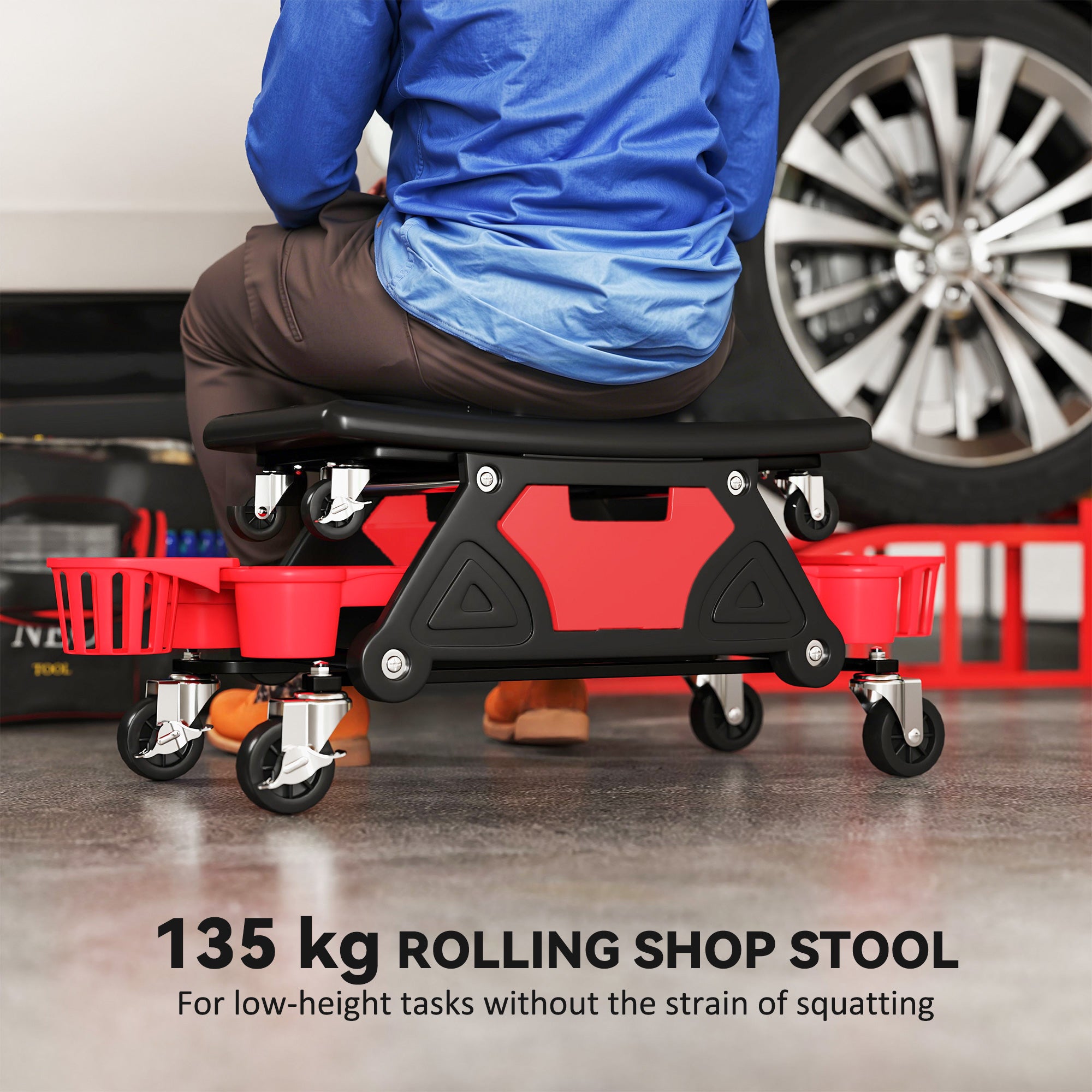 HOMCOM Rolling Mechanic Stool, 135kg Capacity Workshop Stool with 360√Ç¬∞ Swivel Wheels, Roller Creeper Seat with Slide Out Tool Trays, Drawer, Bottle Holders for Garage, Shop, Auto Repair, Red