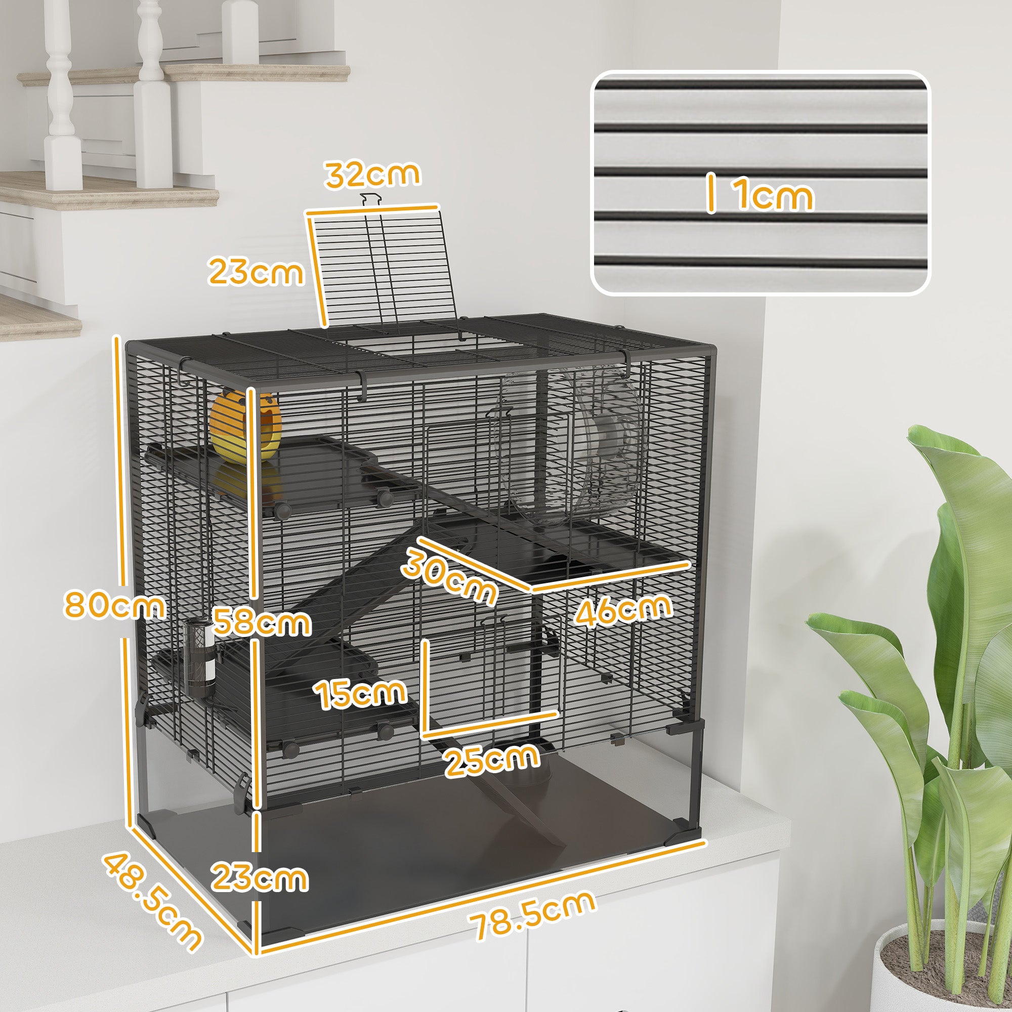 PawHut Four-Tier Hamster Cage with Deep Tempered Glass Bottom, Hut, Running Wheel, Food Dish, Water Bottle, 78.5 x 48.5 x 80cm