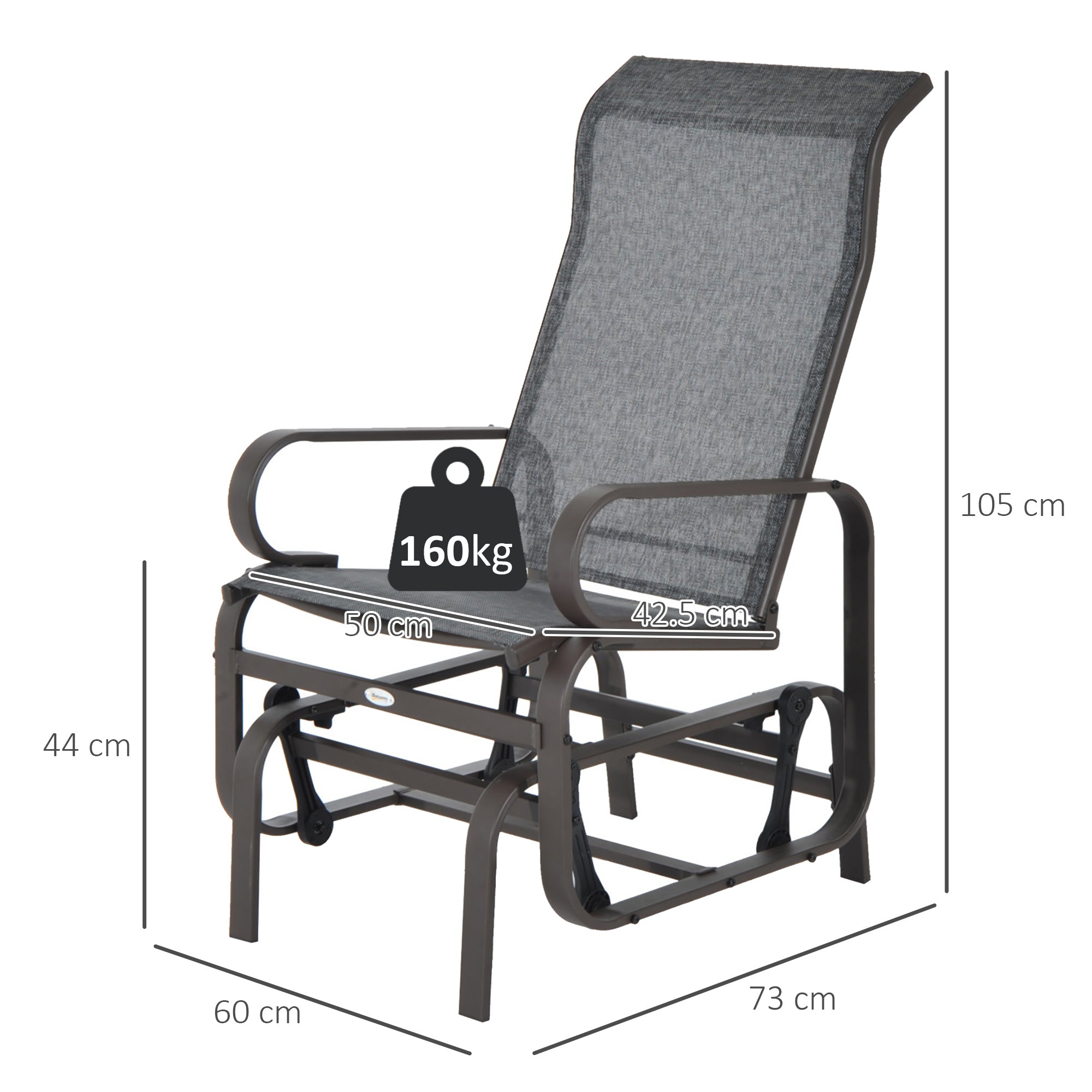 Outsunny Outdoor Gliding Rocking Chair with Sturdy Metal Frame Garden Comfortable Swing Chair, Grey & Brown