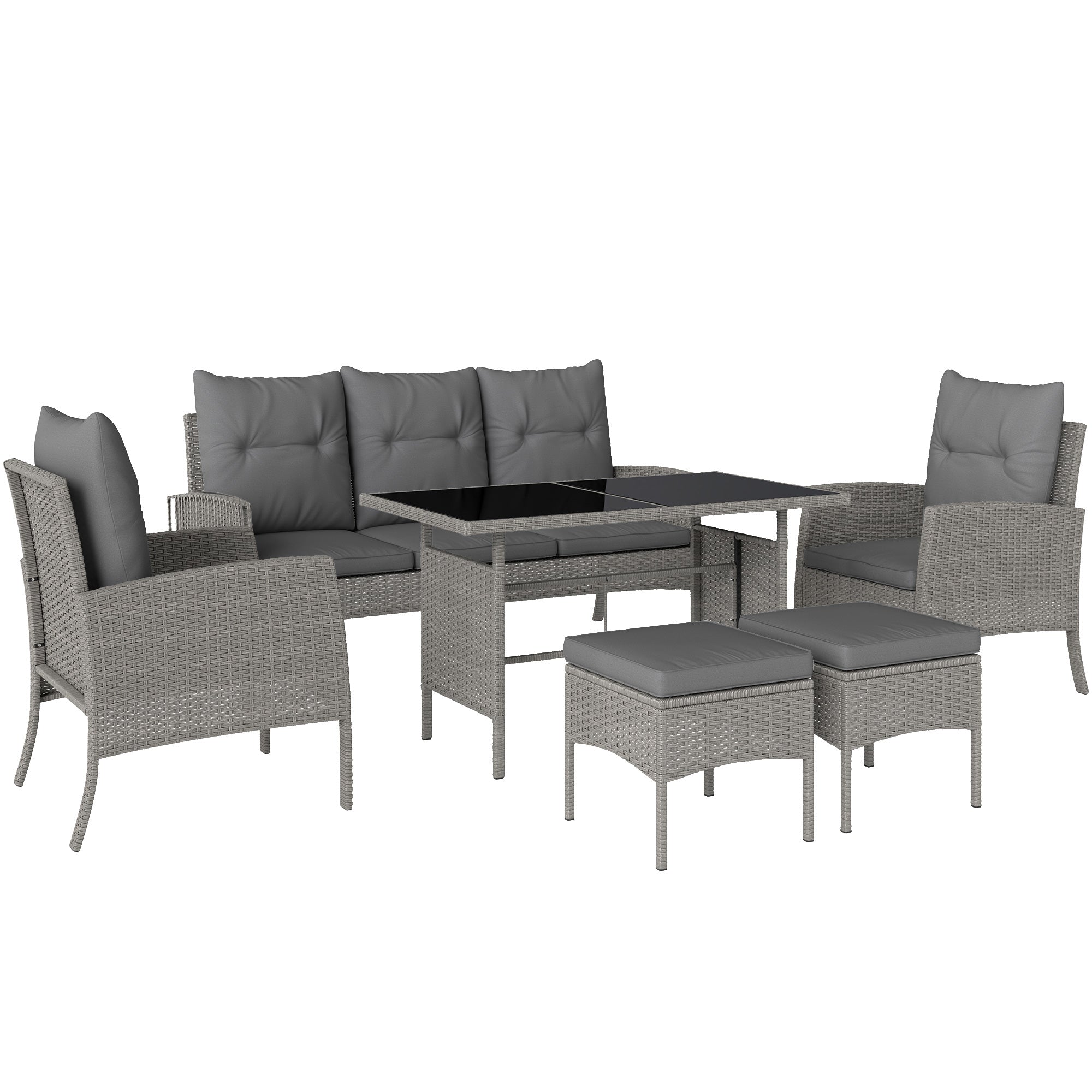 Outsunny 5 Seater Rattan Garden Furniture Set, 6 Piece Garden Sofa Set, Armchairs, 3-Seater Sofa, Footstools, Glass Dining Table, Cushions, Wicker Outdoor Furniture for Conservatory Patio, Grey