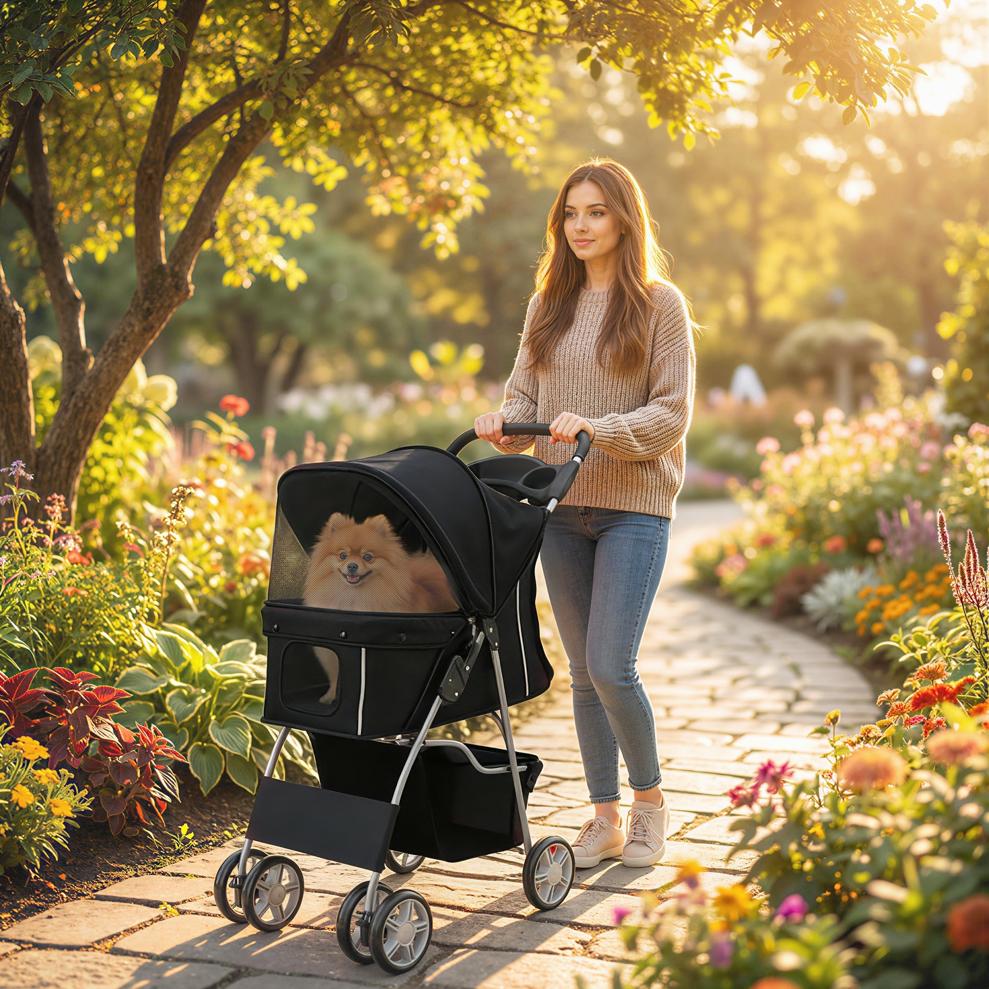 PawHut Dog Pram, Pet Stroller with Reflective Strips, Foldable Cat Stroller with 360Â° Swivel Wheels, Black