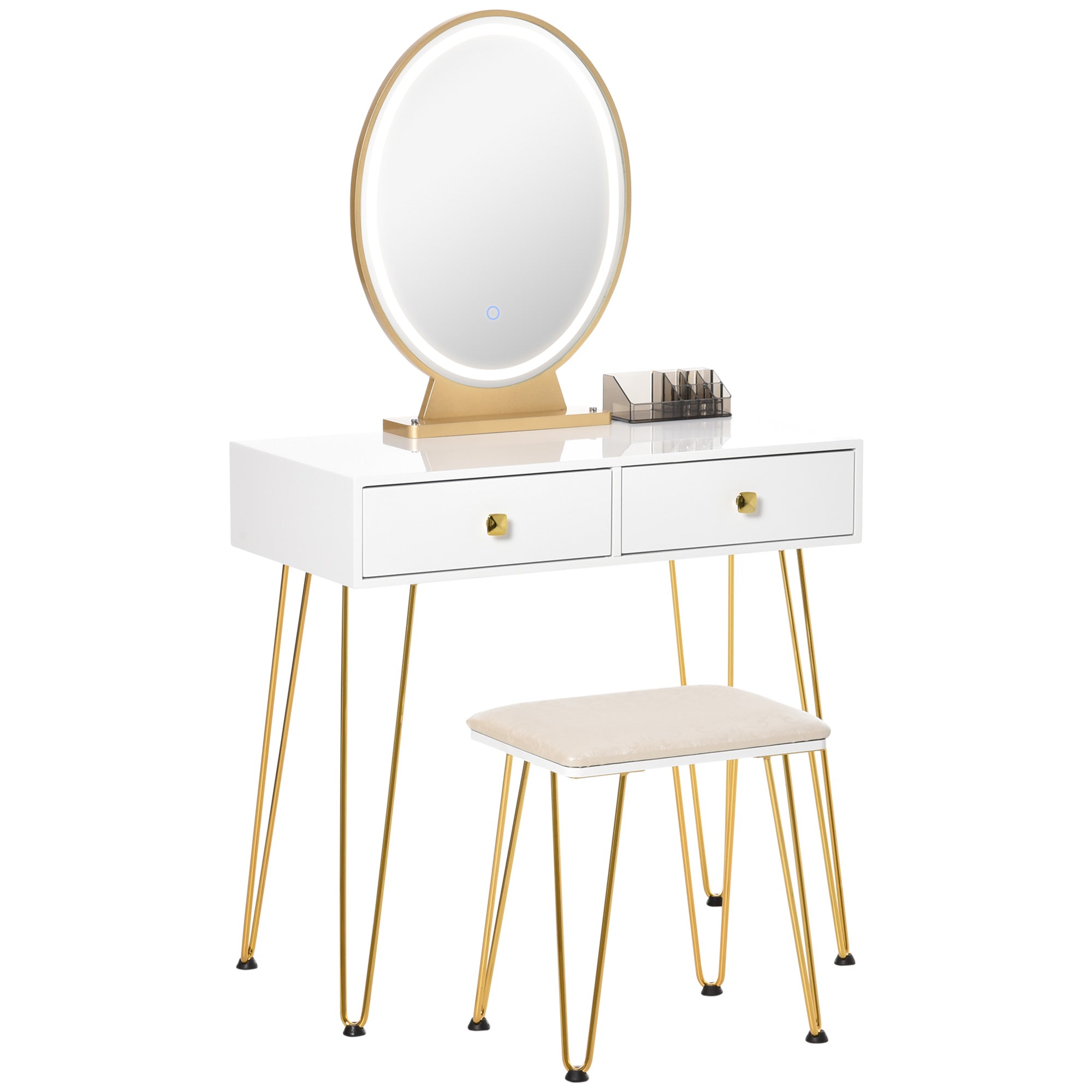 HOMCOM Dressing Table Set with LED Light, Round Mirror, Vanity Makeup Table with 2 Drawers and Cushioned Stool for Bedroom, White