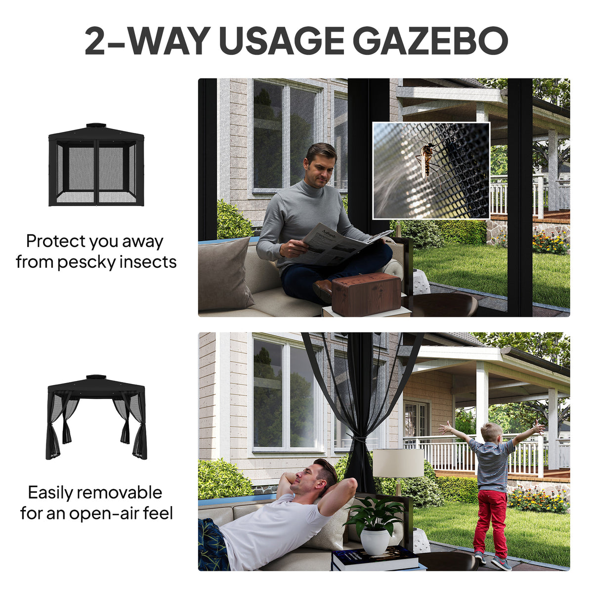 Outsunny 3 x 3 m Metal Gazebo, Garden Pavillion, Double Roof Outdoor Canopy Shelter with Mesh Sidewalls, Black