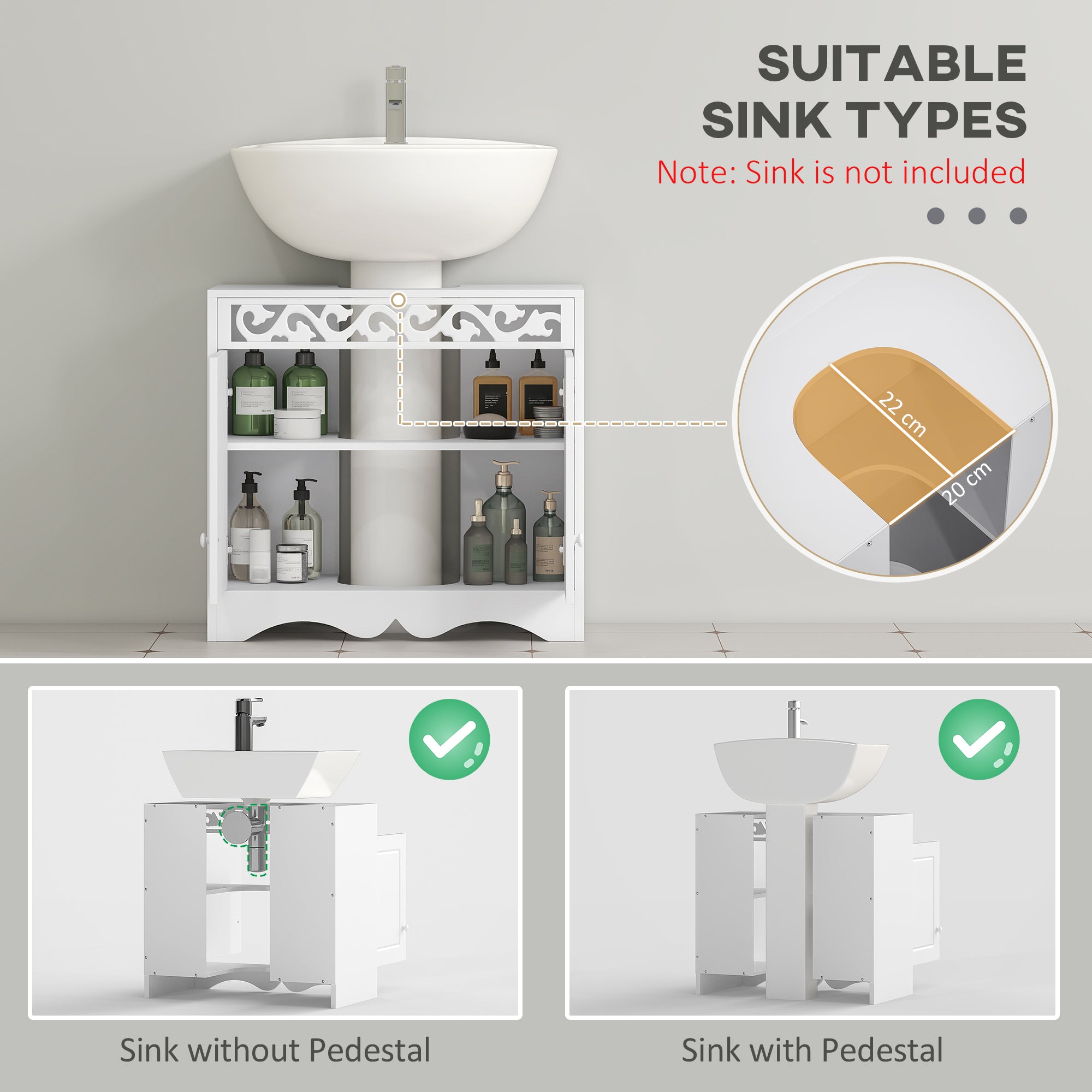 HOMCOM Bathroom Under Sink Storage Cabinet 2 Door Wooden Cupboard Vanity Units