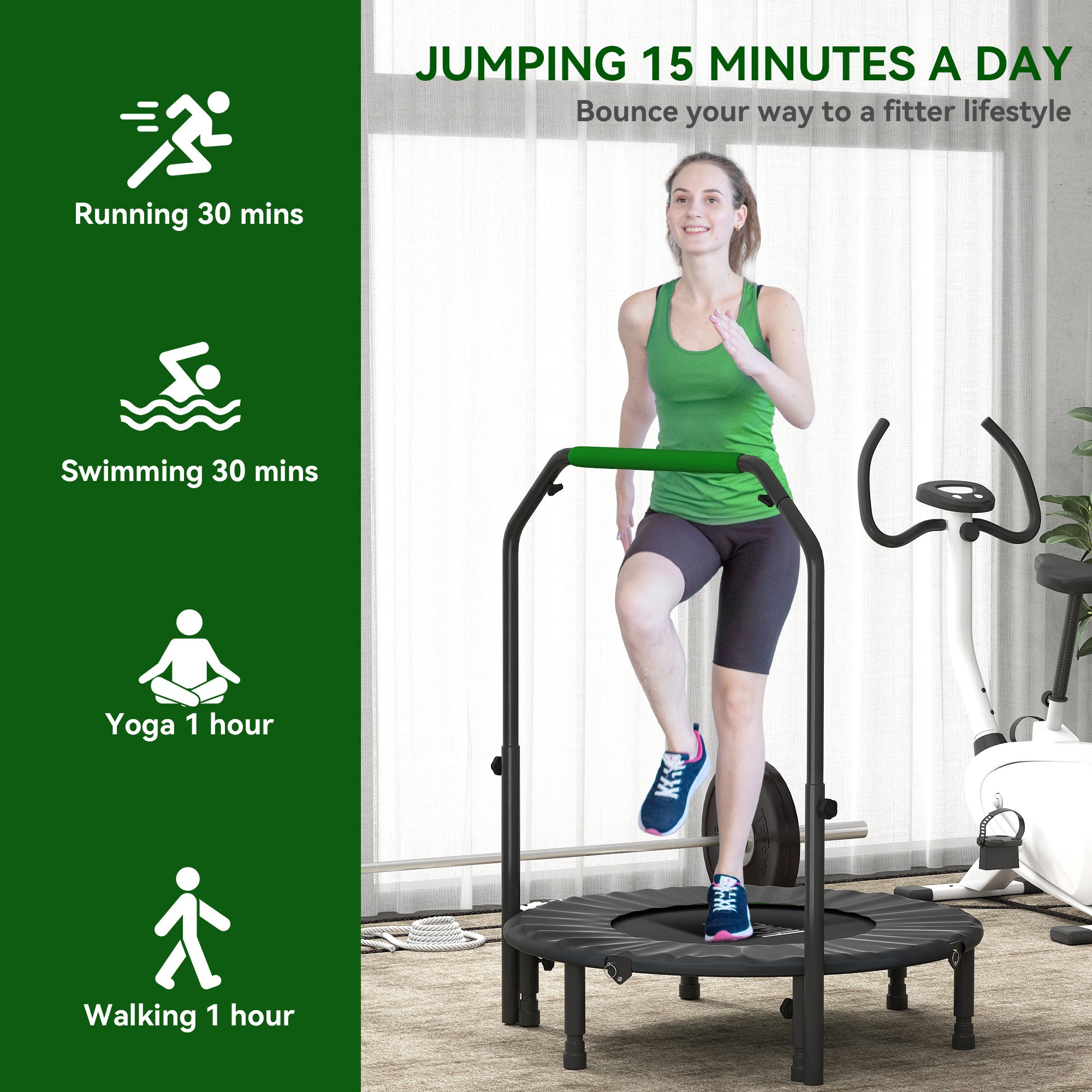 HOMCOM 40" Foldable Mini Fitness Trampoline, with Adjustable Foam Handle, Green