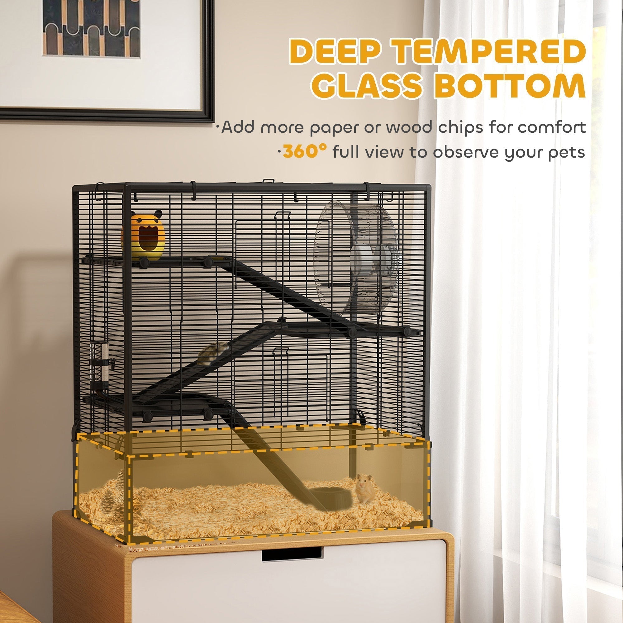 PawHut Four-Tier Hamster Cage with Deep Tempered Glass Bottom, Hut, Running Wheel, Food Dish, Water Bottle, 78.5 x 48.5 x 80cm