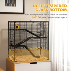 PawHut Four-Tier Hamster Cage with Deep Tempered Glass Bottom, Hut, Running Wheel, Food Dish, Water Bottle, 78.5 x 48.5 x 80cm
