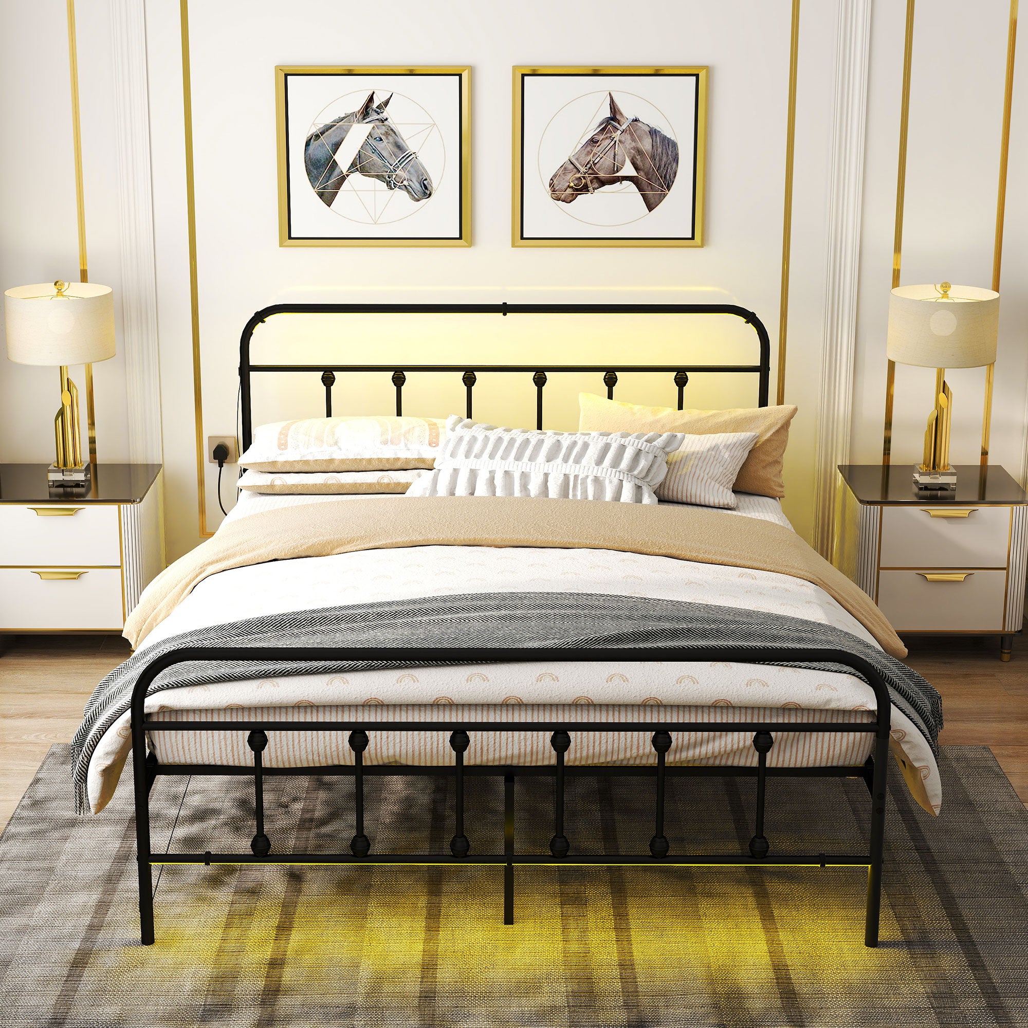 HOMCOM King Bed Frame with LED Lights and Charging Station, Metal Platform Bed Frame with Under Bed Storage, Black