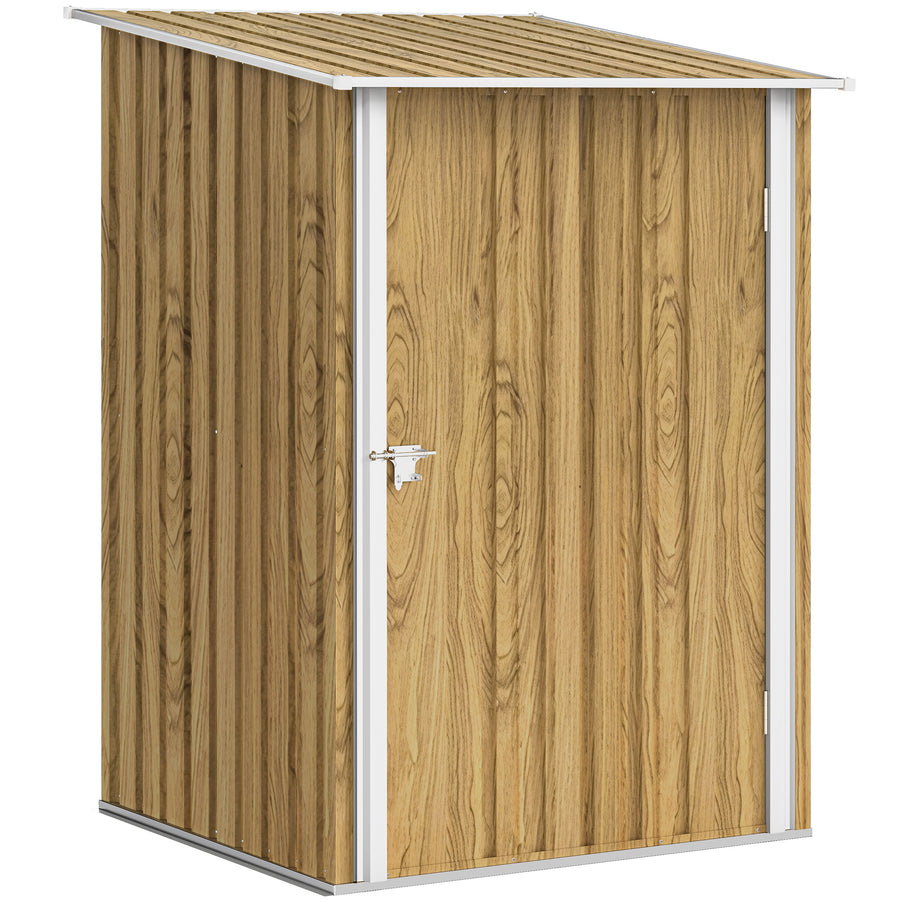 Outsunny 3.3 x 3.4ft Lean To Steel Garden Shed with Locking Door - Light Brown Wood Effect/White