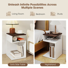 S-Shaped Side Table Set of 2 for Small Space with 2 Open Compartments-Walnut