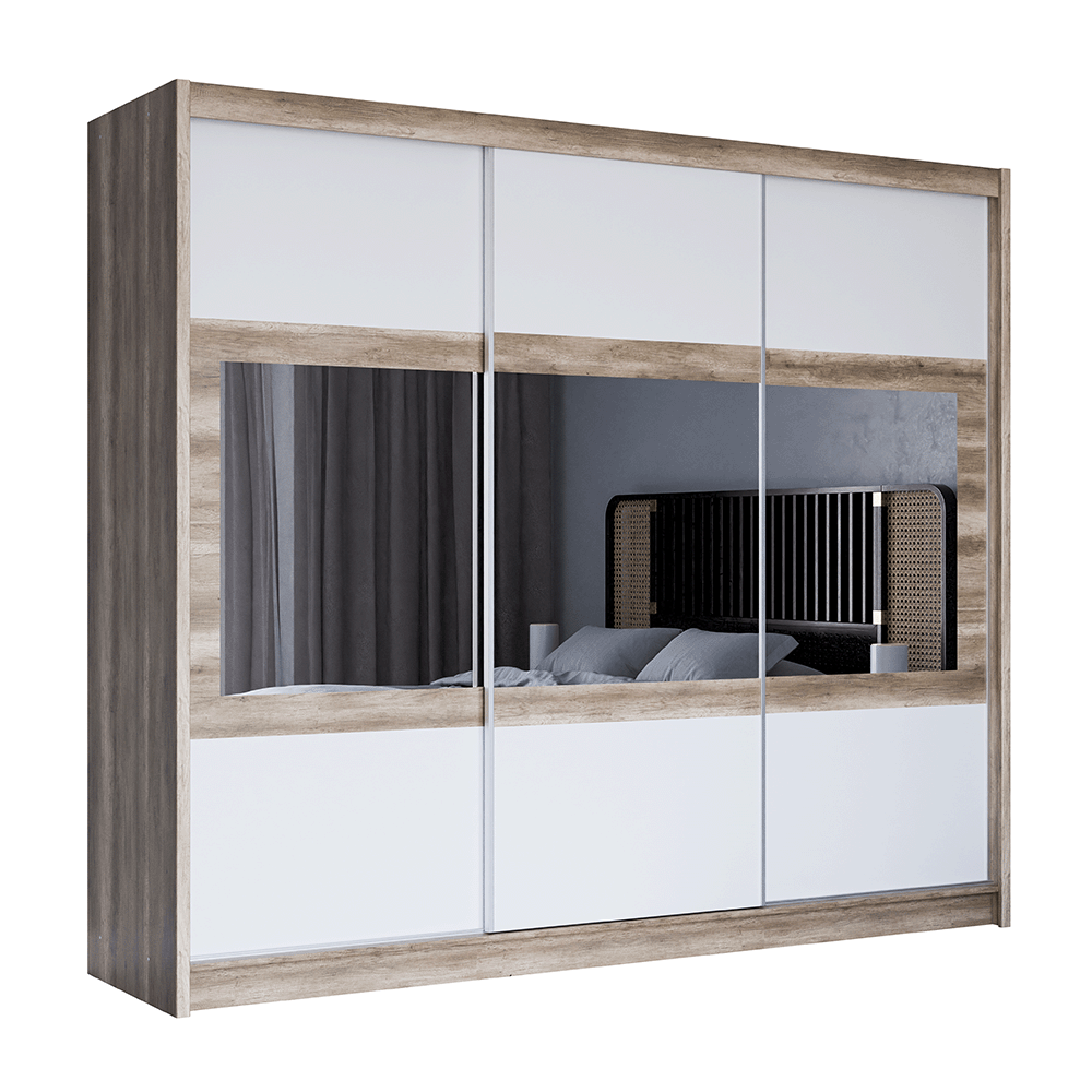 KINGSTON 250cm Sliding Door Wardrobe Oak Canyon + White + Mirror