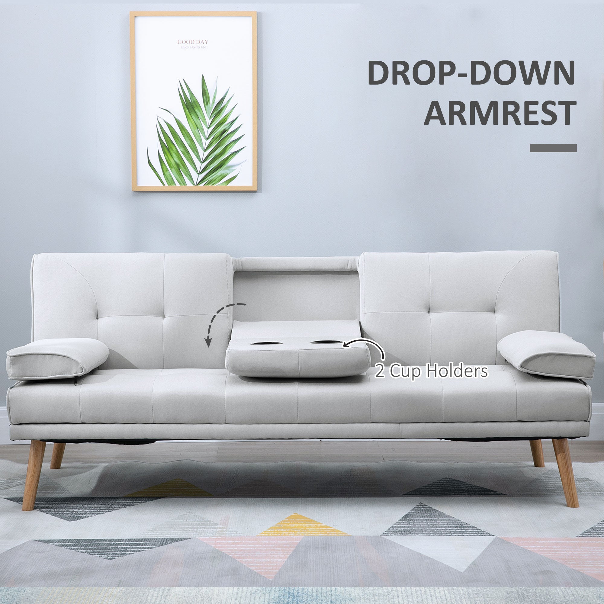 HOMCOM Fabric Click Clack Sofa Bed with 2 Cup Holders, Convertible Futon Settee, Futon Recliner Lounge for Living Room, Spare Room, Bedroom, Grey