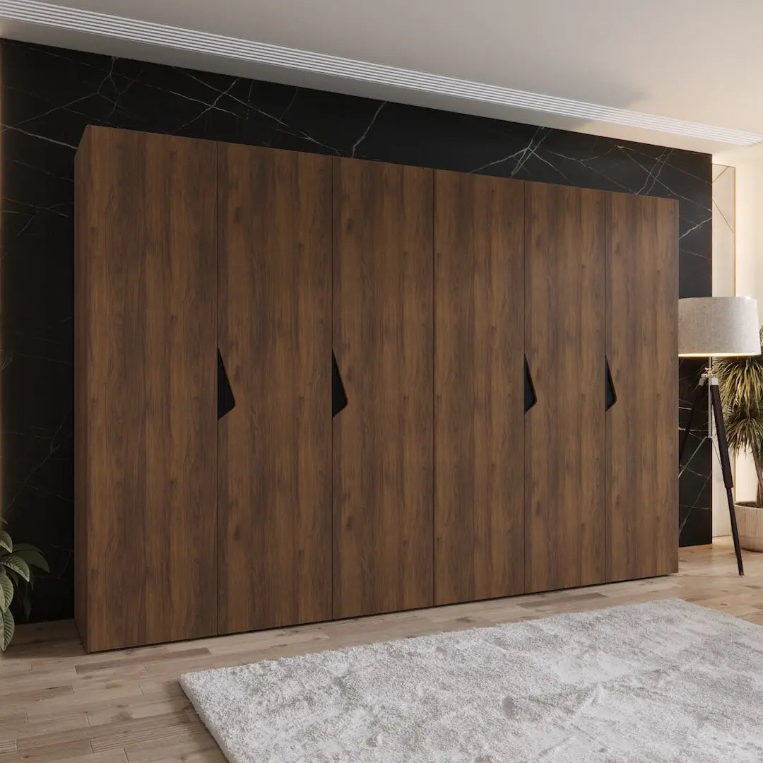 Sandi I Hinged Door Wardrobe 300cm in a dark wood finish with six doors