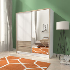Sara Sliding Door Wardrobe 184cm with white doors and wood effect drawers, featuring a large mirrored door