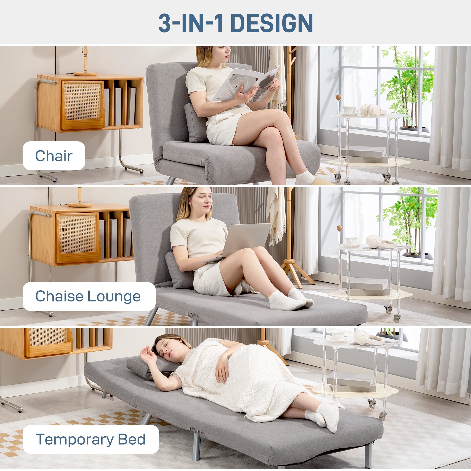 HOMCOM Single Velvet-Feel Chair Bed - Grey