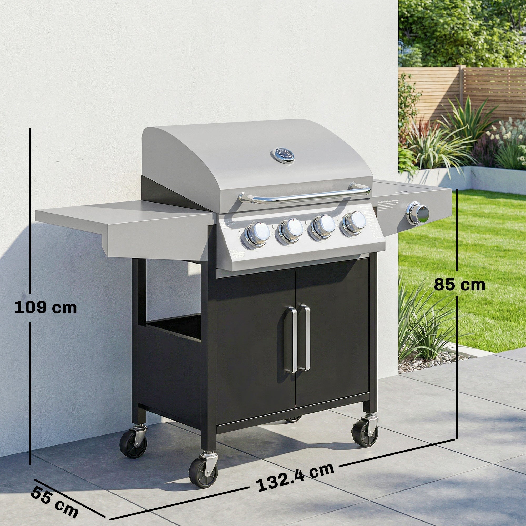 Outsunny 4+1 Burner Gas BBQ Grill with Side Burner, 50000 BTU Steel Portable Gas Barbecue Grill with Built-in Thermometer, Lid