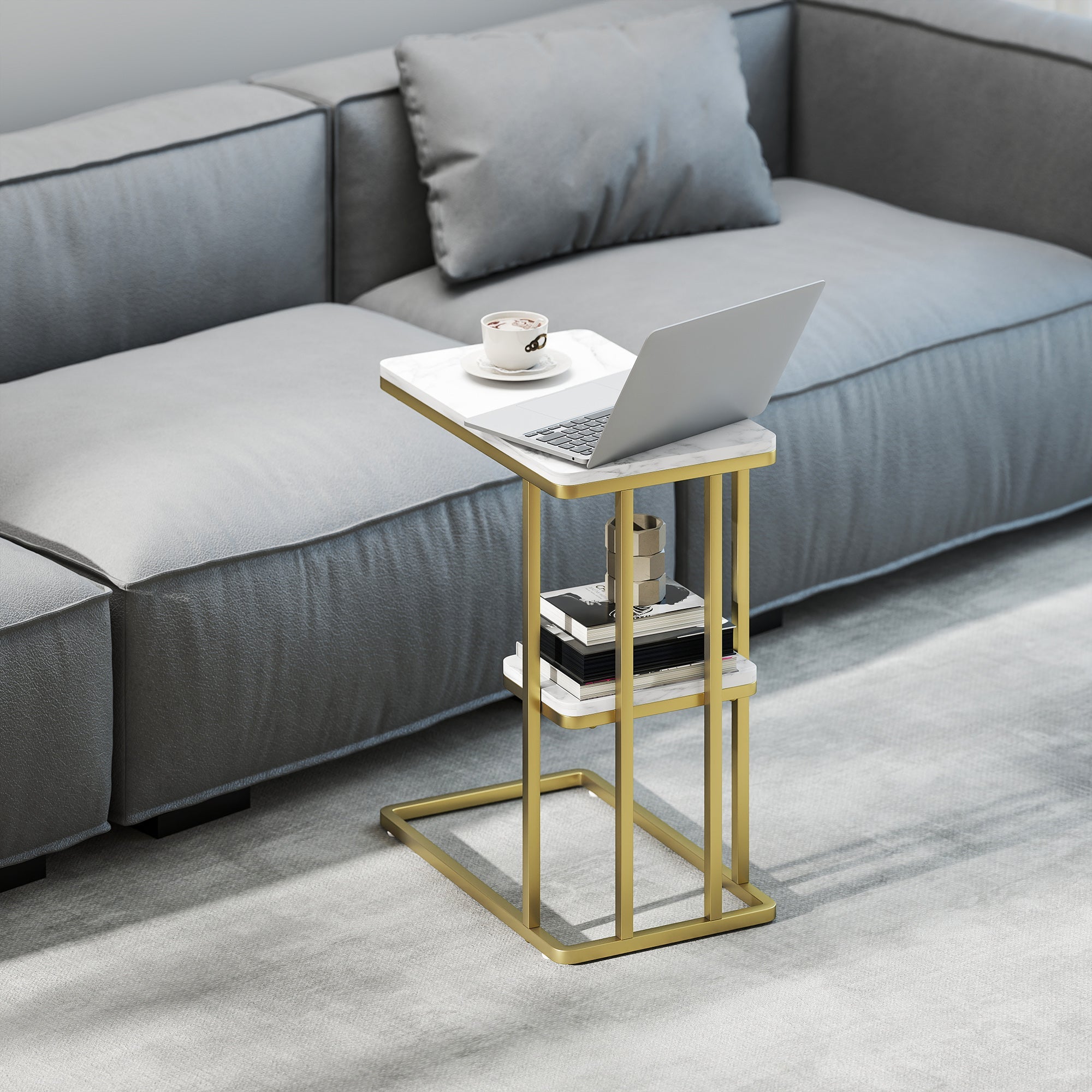 HOMCOM C-Shaped Narrow Side Table, 2-Tier Slim End Table, Nightstand for Small Spaces, Living Room, Bedroom, White Marble Grain