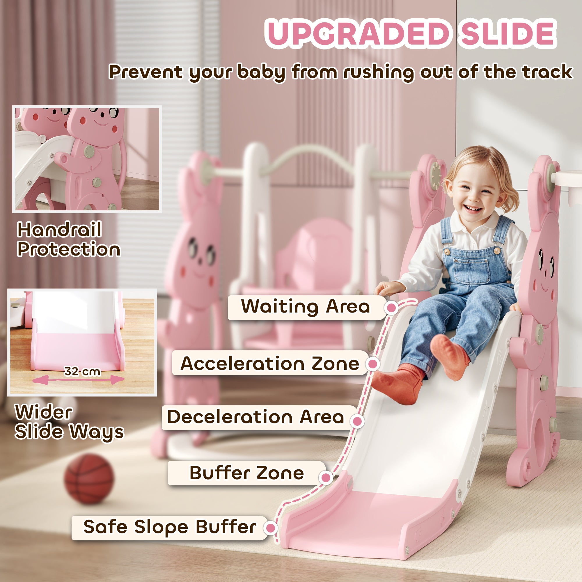AIYAPLAY 4 in 1 Kids Slide and Swing Set with Climber, Basketball Hoop, Rabbit-Themed, Pink