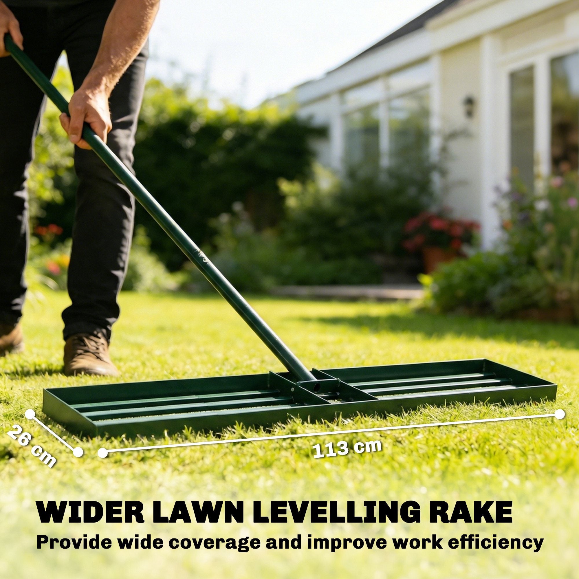 Outsunny Lawn Levelling Rake, 113 x 26 cm Lawn Leveller Lute with 169 cm Handle for Grass Soil Sand Yard Golf Course