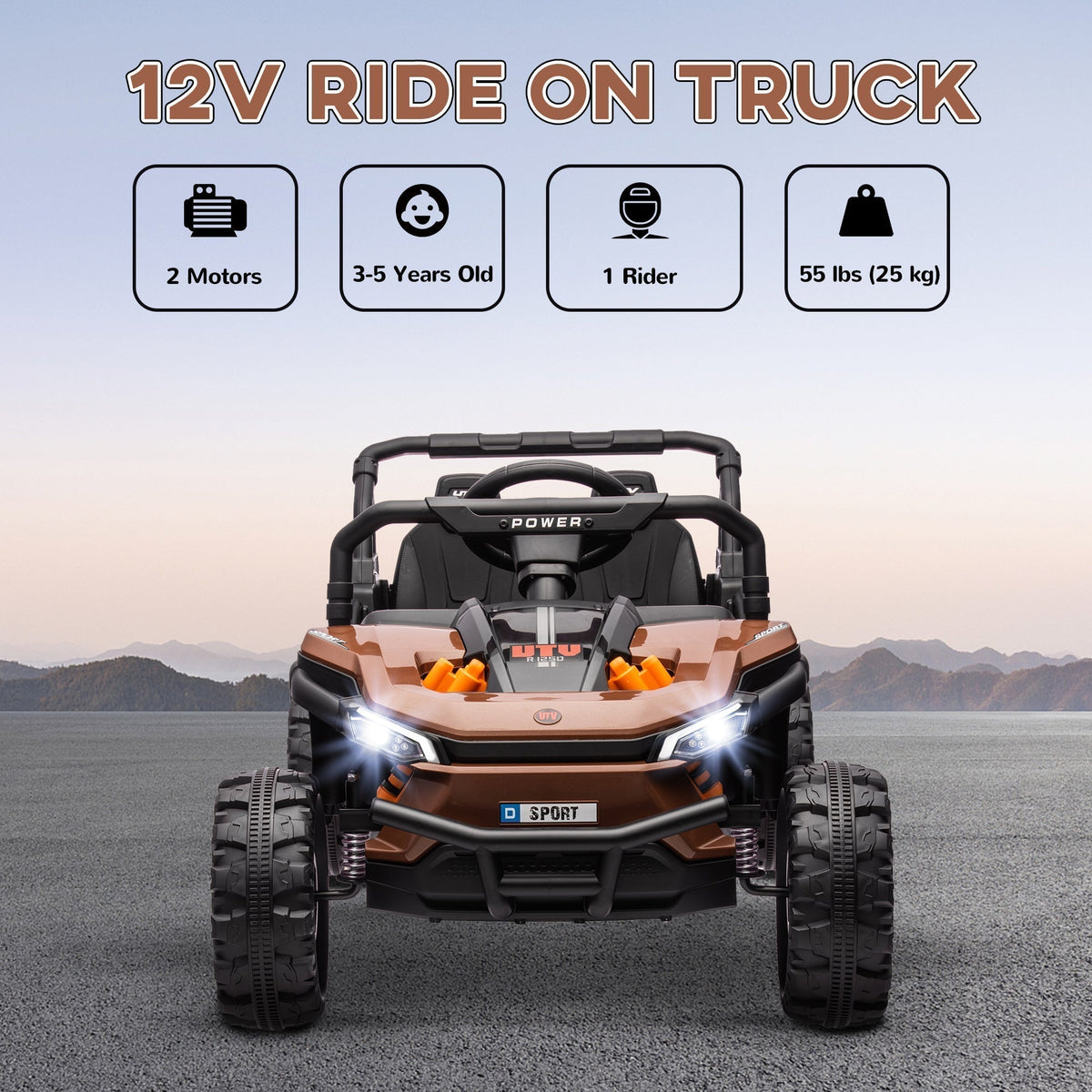 AIYAPLAY 12V Battery Powered Ride on Truck w/ Remote, Four Suspension Wheels, Horn, Lights, Music, USB, for Ages 3-5 Years, Brown