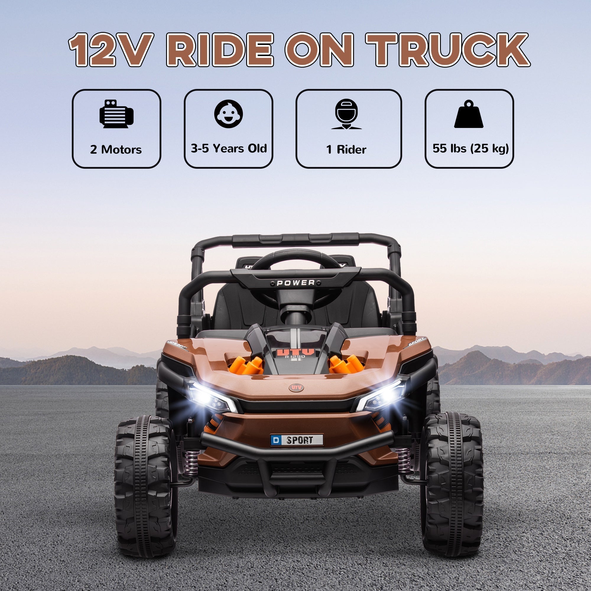 AIYAPLAY 12V Battery Powered Ride on Truck w/ Remote, Four Suspension Wheels, Horn, Lights, Music, USB, for Ages 3-5 Years, Brown