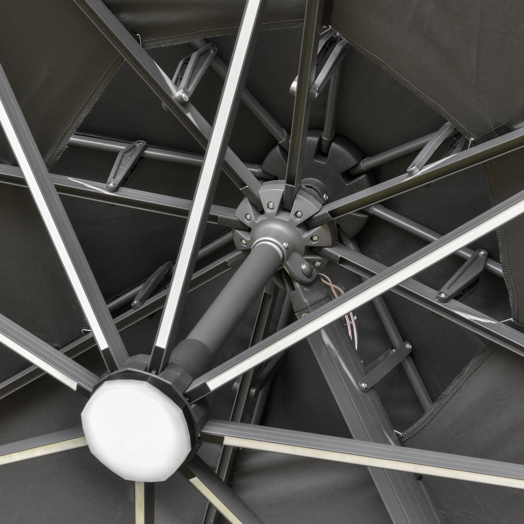 Outsunny 3m Cantilever Parasol w/ Solar Lights Power Bank Base 360√Ç¬∞ Spin Dark Grey