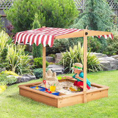 Outsunny Sand Pit Kids Wooden Sandbox with Cover Children Sandpit Play Station Height Adjustable with Canopy, Bottom Liner