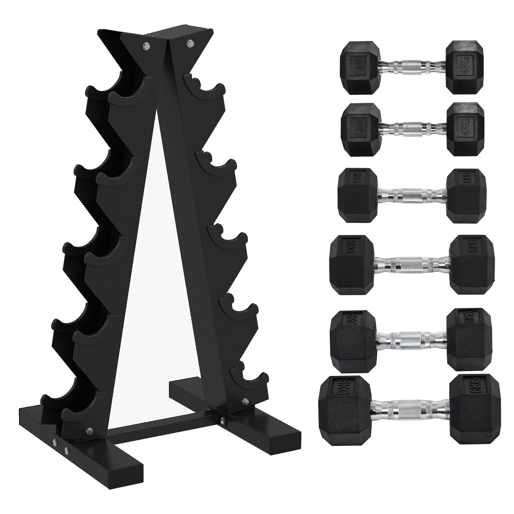SPORTNOW 5-Tier Dumbbell Rack with 6 Hexagonal Rubber Dumbbells (2x4kg, 2x5kg, 2x6kg), Dumbbell Storage Stand Holder with Weights Sets for Home Gym Fitness, Black