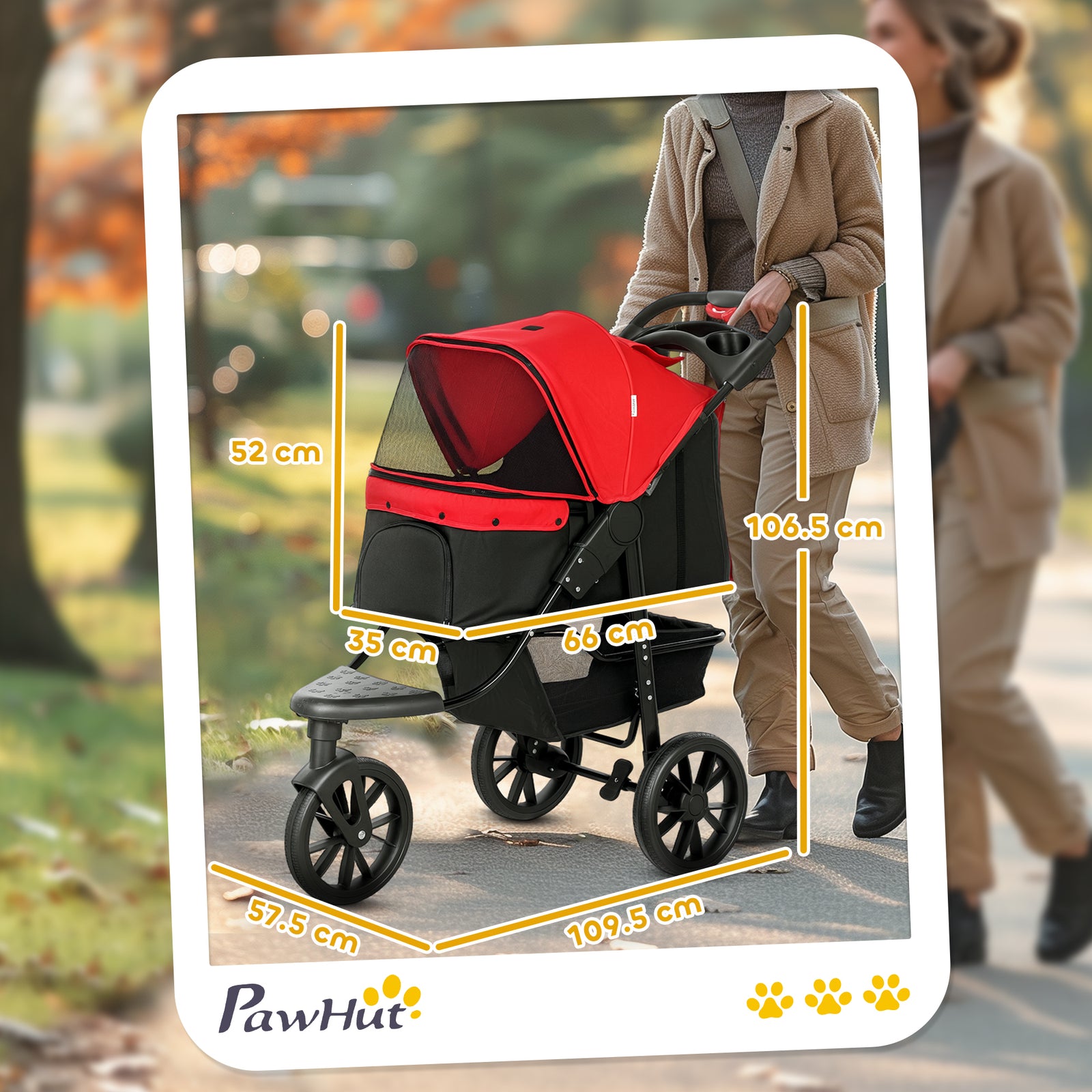 PawHut Dog Stroller Foldable Pet Pram for Small Miniature Breeds, Cats, 3 Wheels Dog Pushchair with Brake, Cupholder, Red