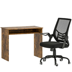 HOMCOM Modern Home Office Furniture Set, Computer Desk with Storage Shelf and Ergonomic Mesh Chair with Flip-Up Armrests, Lumbar Support, Adjustable Height, Rustic Brown and Black
